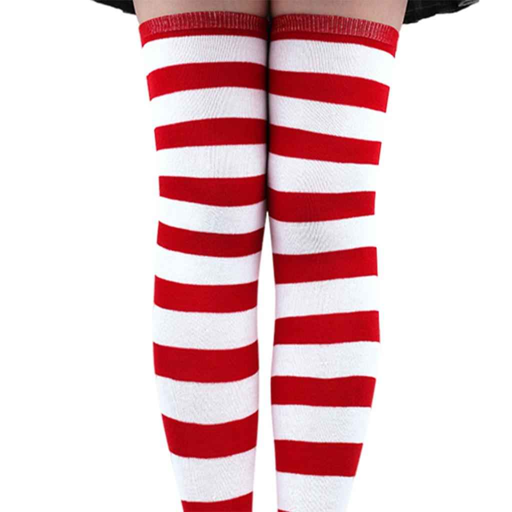 Striped Socks Comfortable Thigh High Socks for Costume Party White Red
