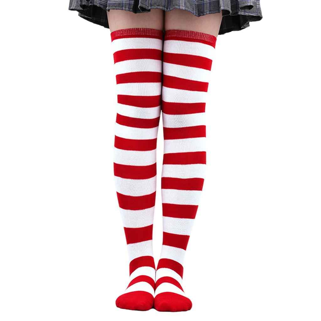 Striped Socks Comfortable Thigh High Socks for Costume Party White Red