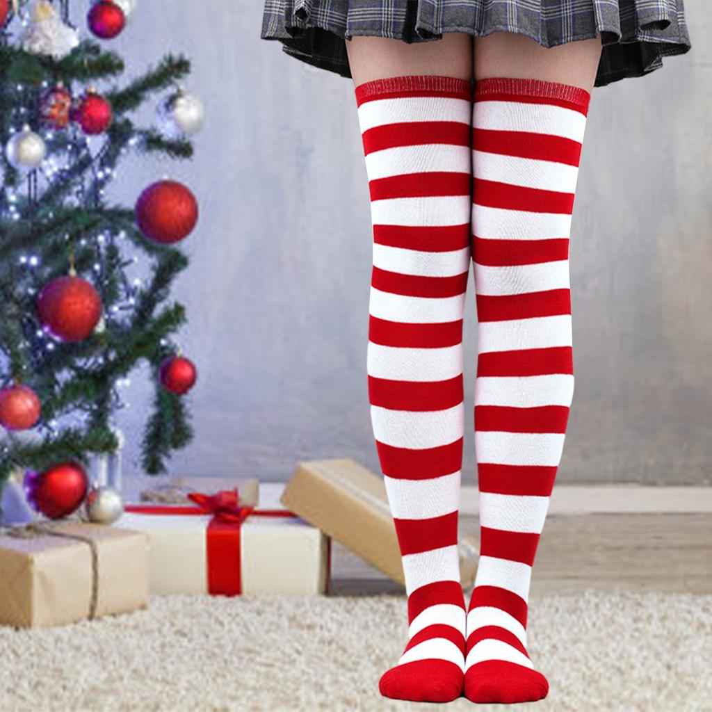 Striped Socks Comfortable Thigh High Socks for Costume Party White Red