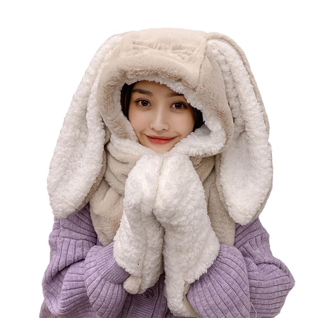 Bunny Hooded Scarfs Hat Scarves and Gloves for Outdoor Women Girl Khaki