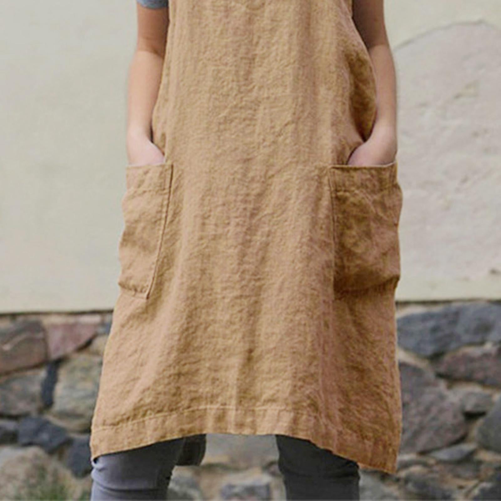 Cotton Linen Apron with Pocket Cross Back Chef Aprons for Women XXL Khaki