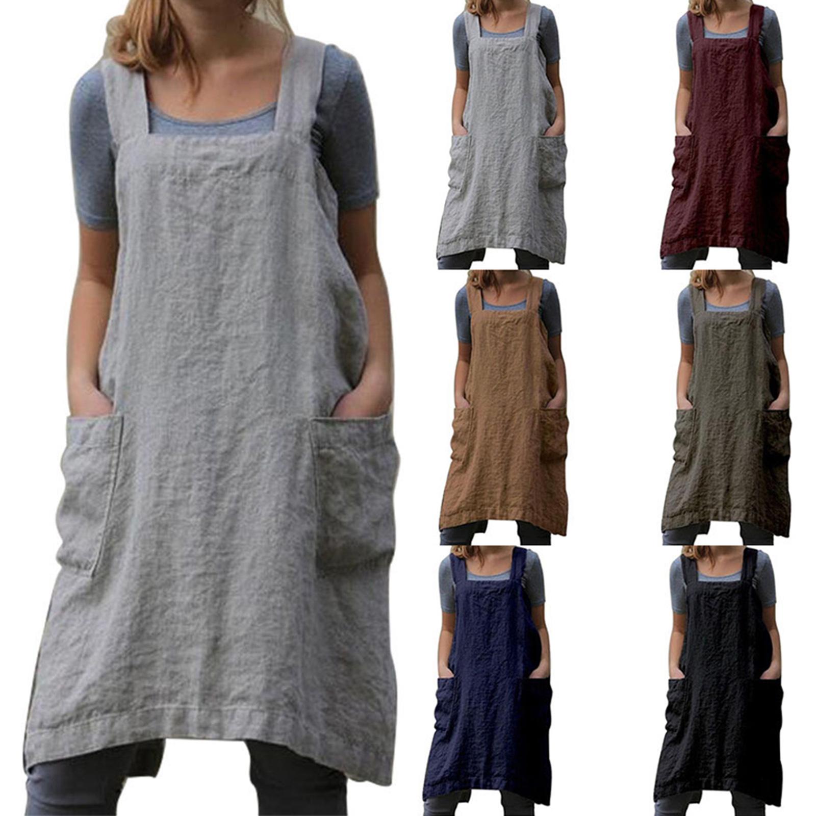 Cotton Linen Apron with Pocket Cross Back Chef Aprons for Women XXL Khaki