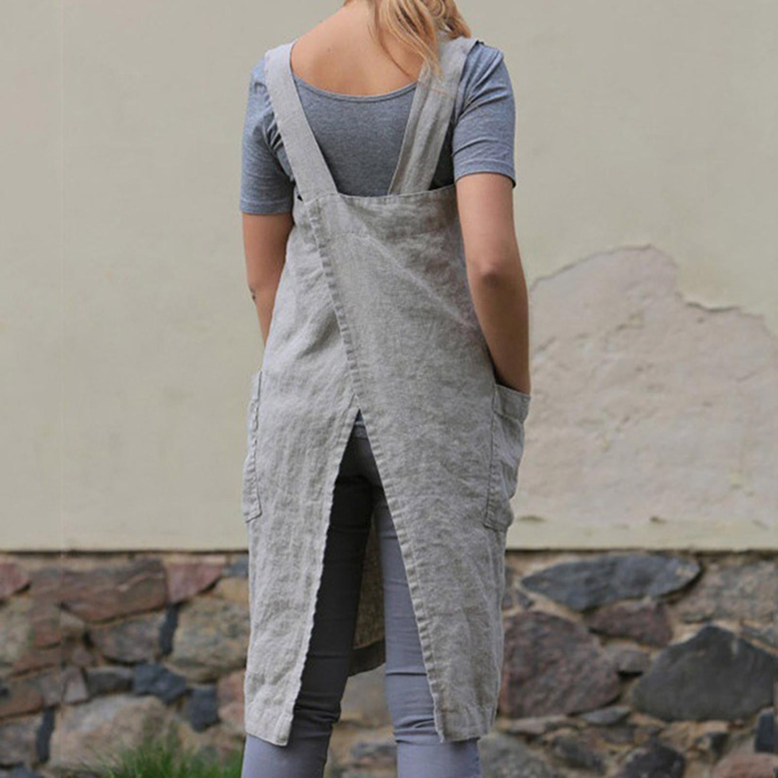 Cotton Linen Apron with Pocket Cross Back Chef Aprons for Women XXL Khaki