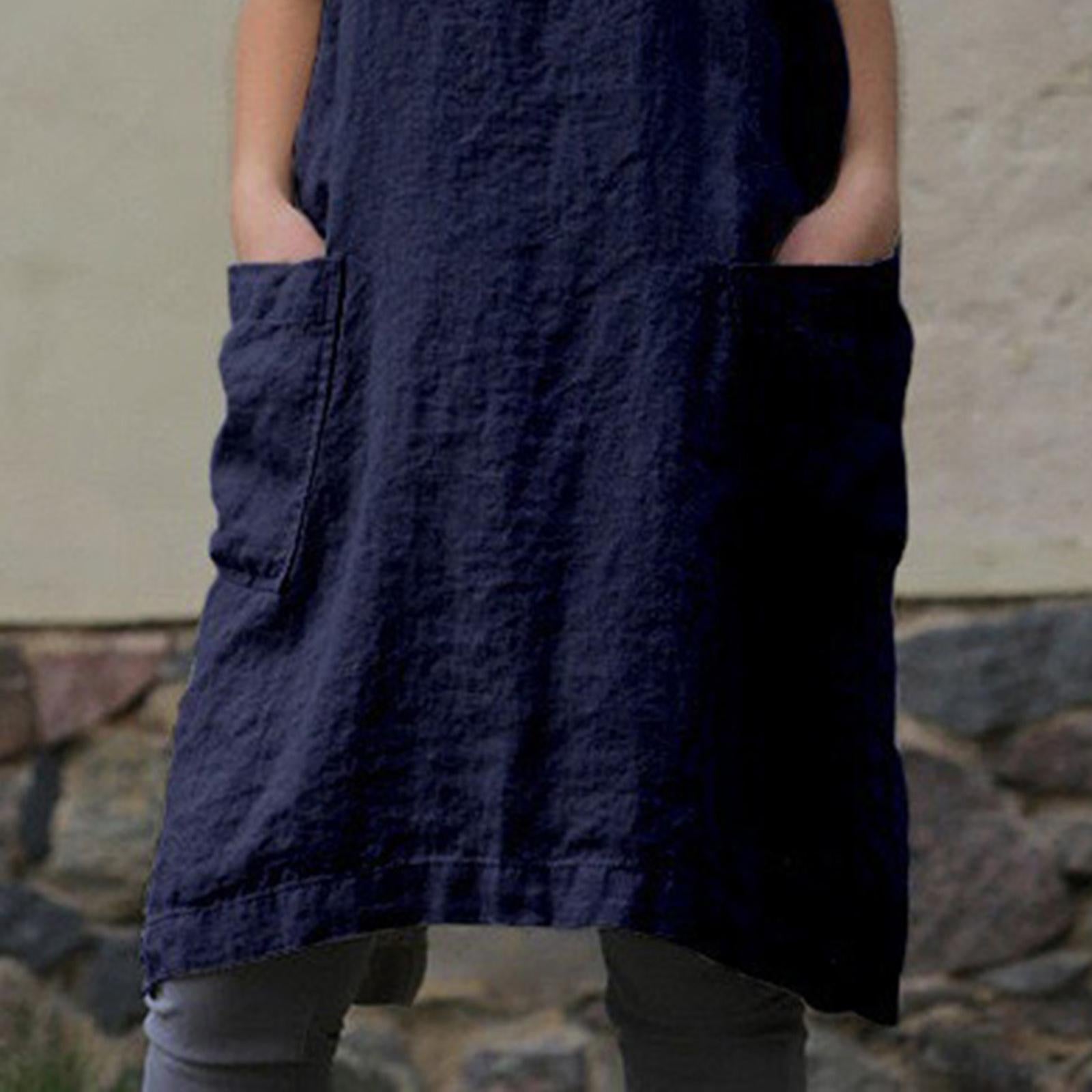 Cotton Linen Apron with Pocket Cross Back Chef Aprons for Women M Blue