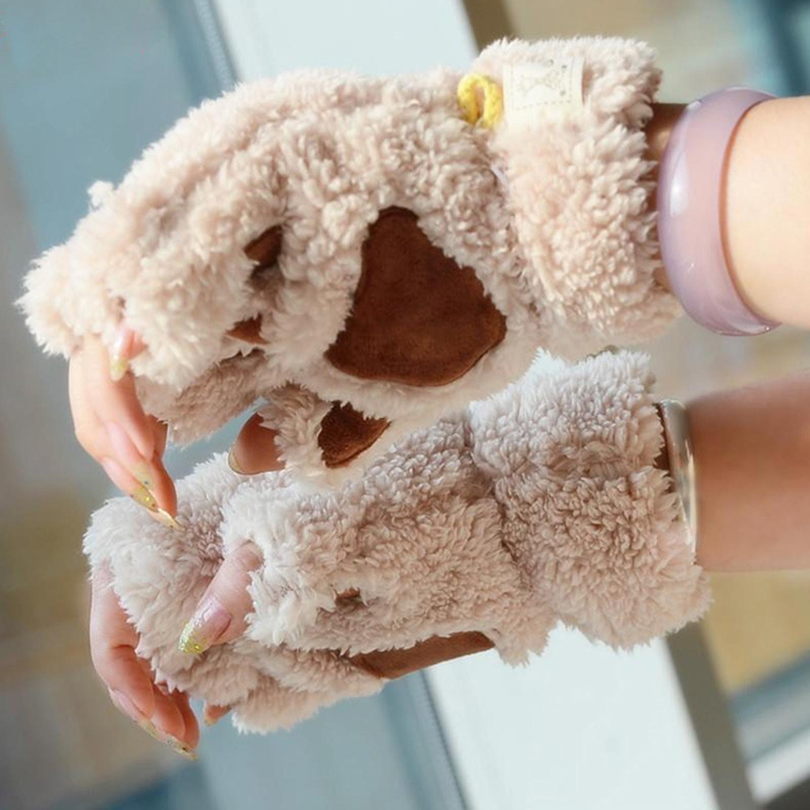 Cat Claw Paw Women Gloves Half Finger Fingerless Winter Soft Warm Mittens Beige