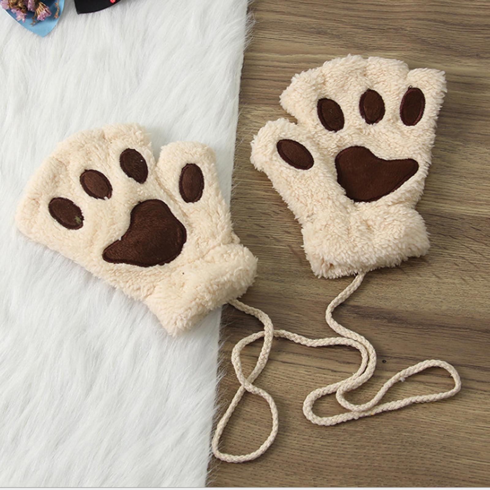 Cat Claw Paw Women Gloves Half Finger Fingerless Winter Soft Warm Mittens Beige