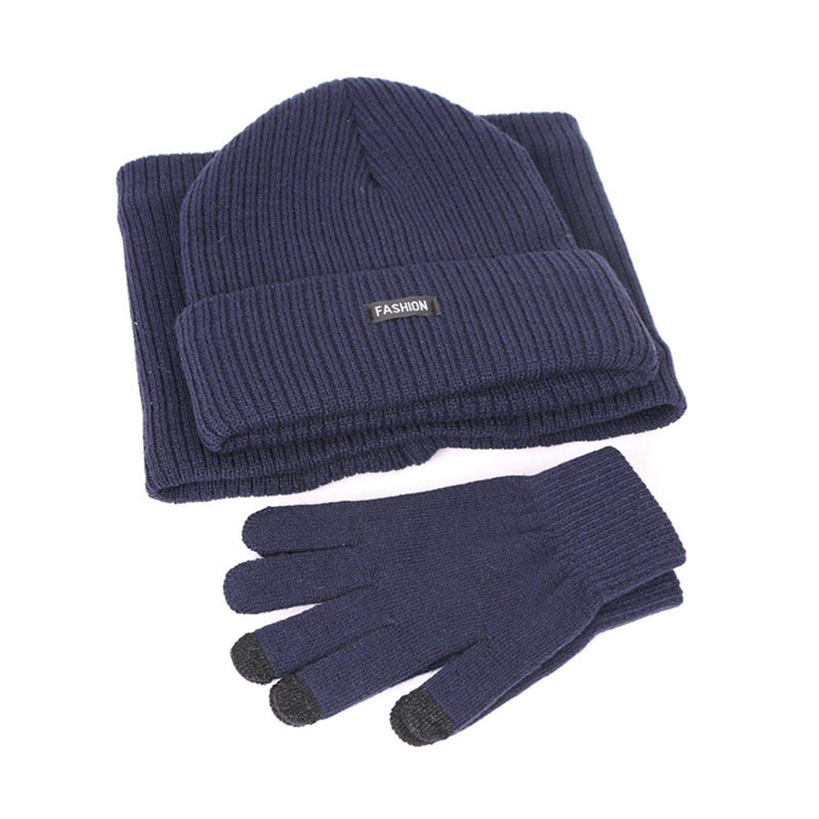 Beanie Hat Scarf Gloves Set Warm Soft Cotton for Ski Cycling Fishing Navy