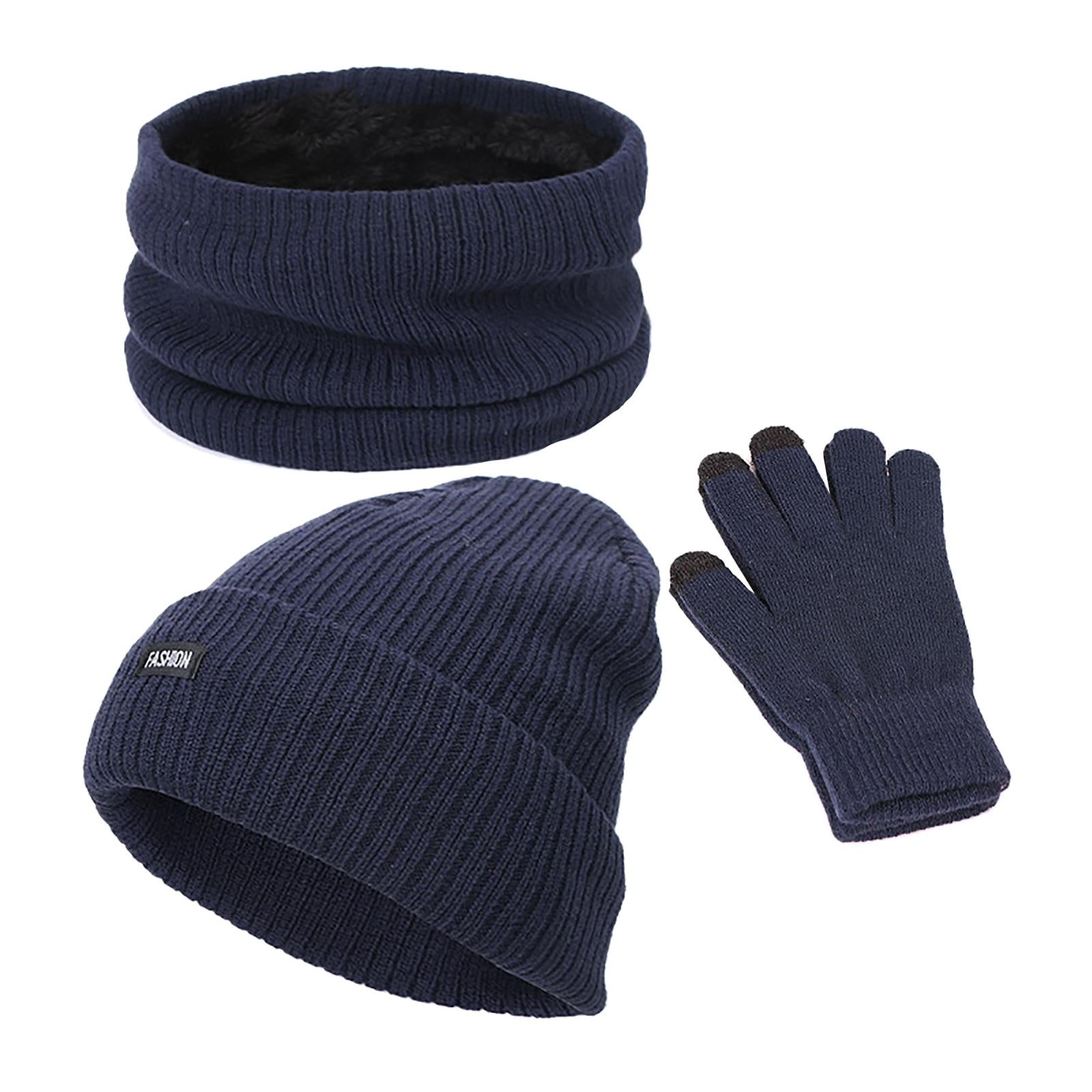 Beanie Hat Scarf Gloves Set Warm Soft Cotton for Ski Cycling Fishing Navy