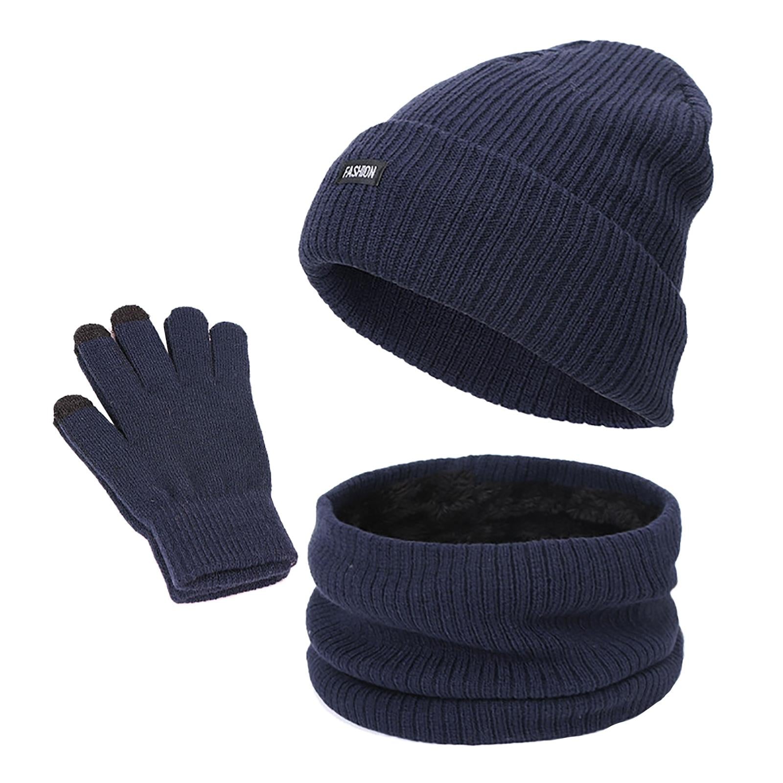 Beanie Hat Scarf Gloves Set Warm Soft Cotton for Ski Cycling Fishing Navy
