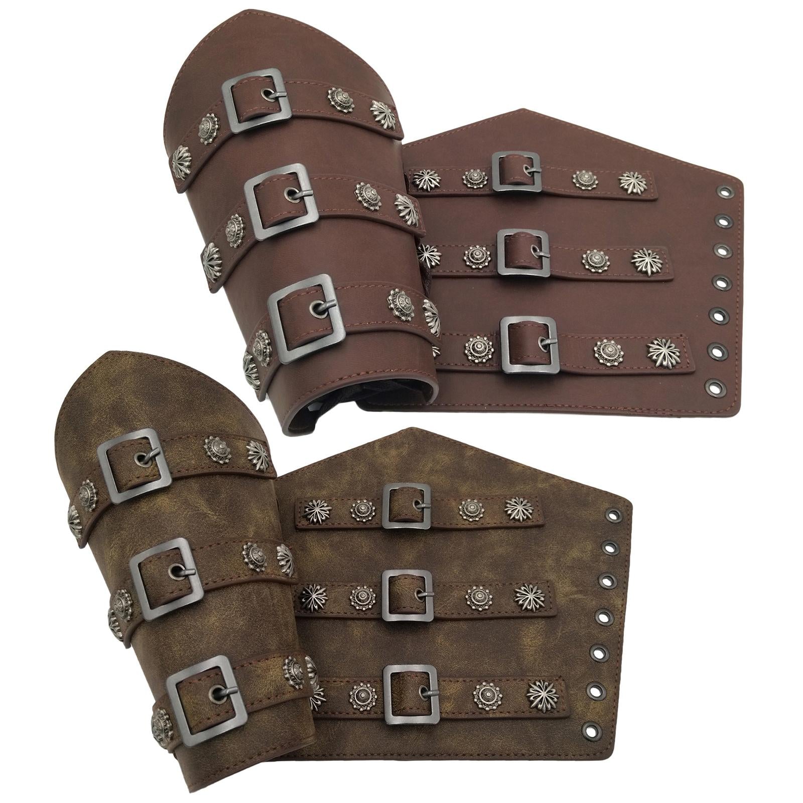 2Pcs Ancient Medieval Bracers Adjustable Costume Men Wristband Dark Brown