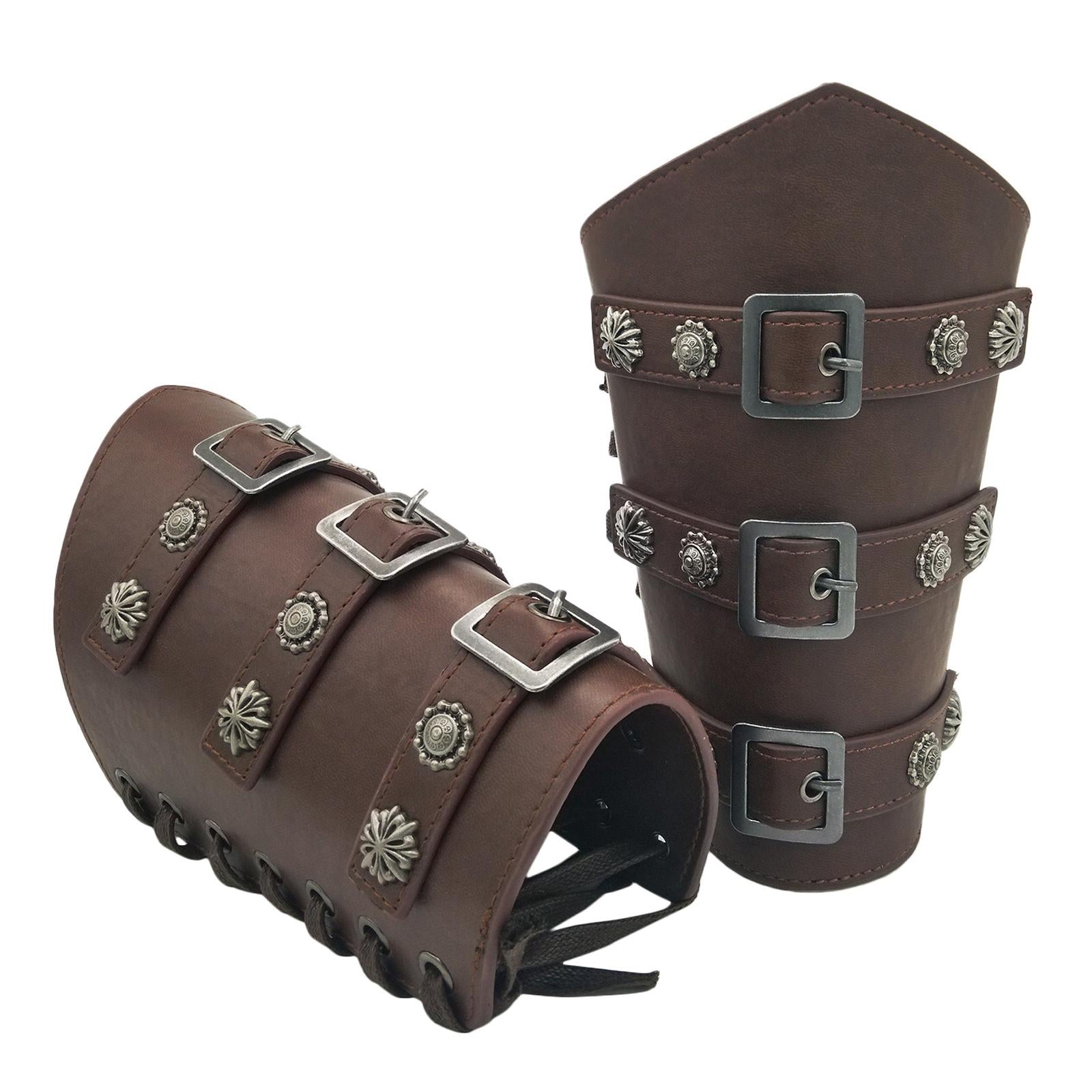 2Pcs Ancient Medieval Bracers Adjustable Costume Men Wristband Dark Brown