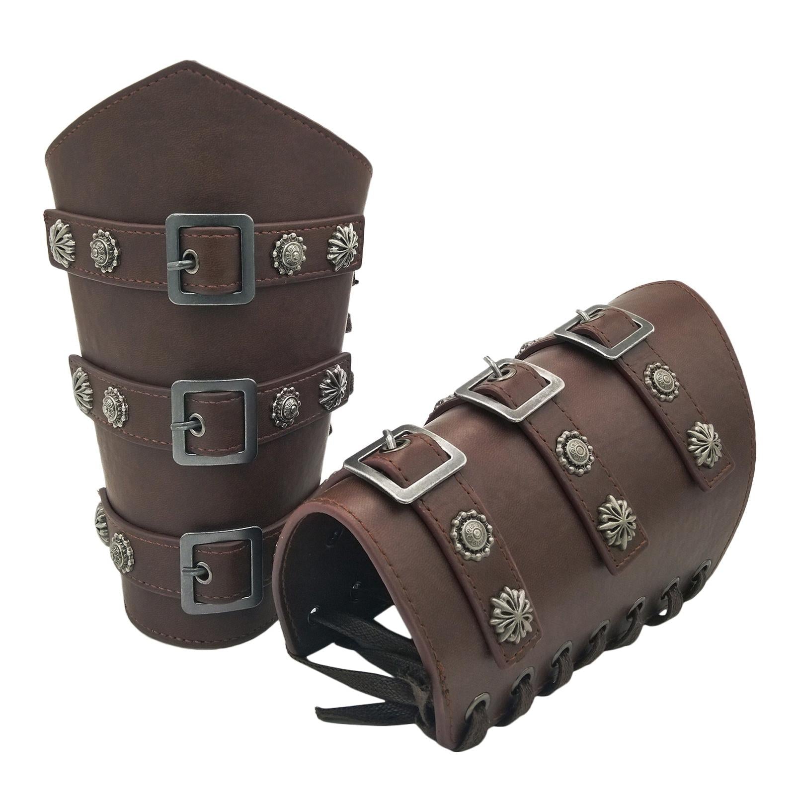 2Pcs Ancient Medieval Bracers Adjustable Costume Men Wristband Dark Brown