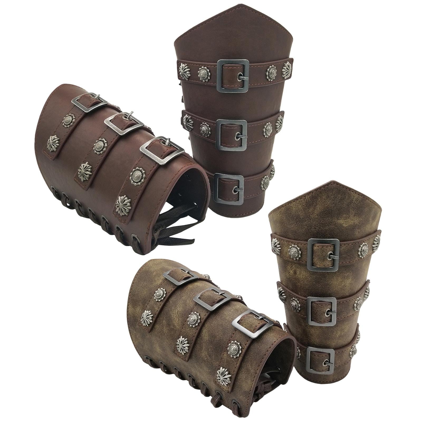 2Pcs Ancient Medieval Bracers Adjustable Costume Men Wristband Dark Brown