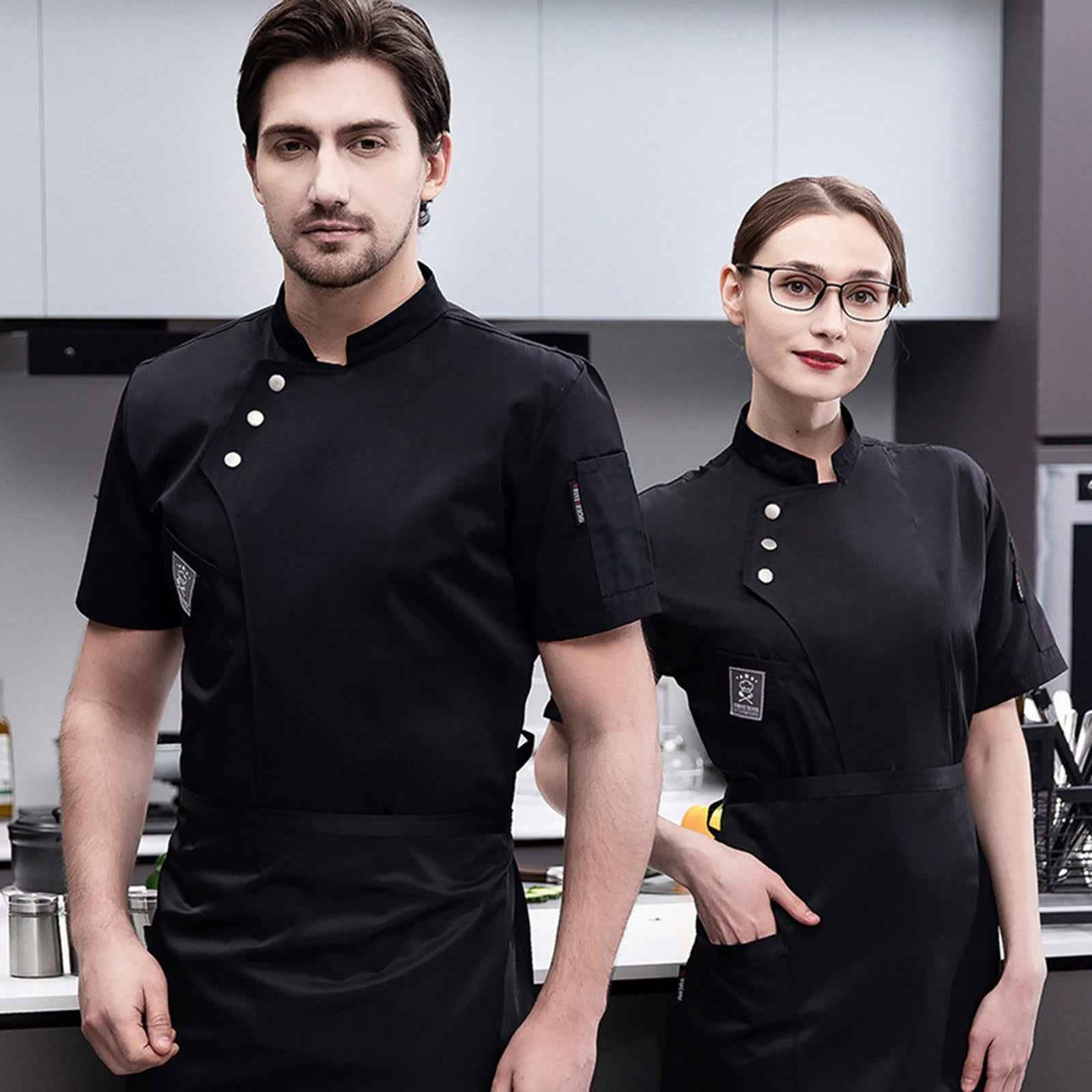 Chef Jacket Short Sleeve Cooking Clothes Simple Chef Coat for Restaurant Black L