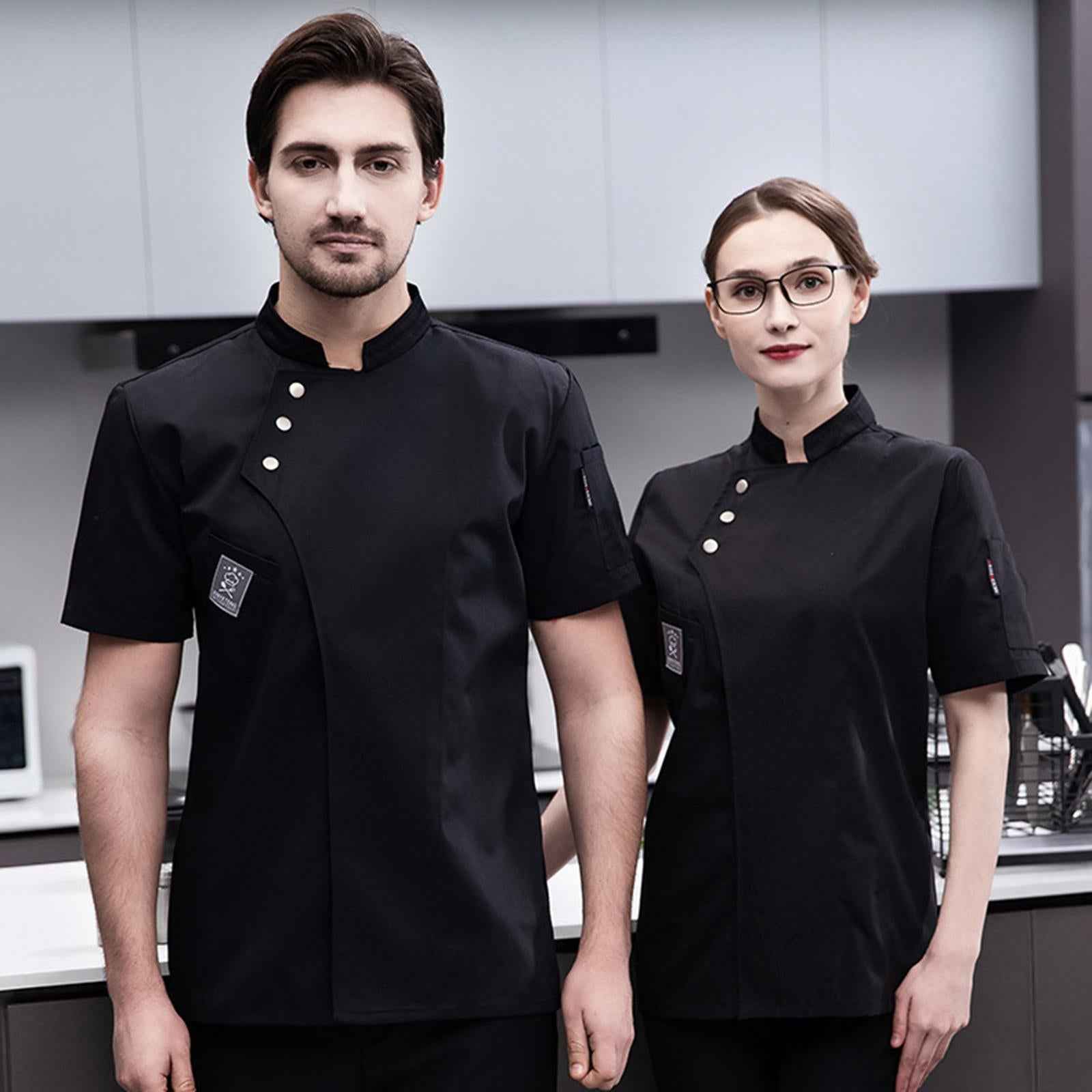 Chef Jacket Short Sleeve Cooking Clothes Simple Chef Coat for Restaurant Black L