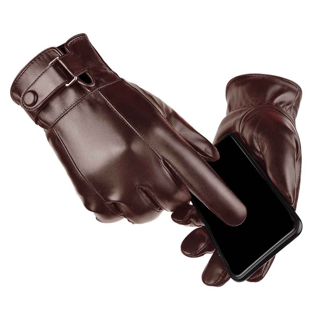 Men Winter Gloves PU Leather Touchscreen Windproof for Riding Motorcycle Brown