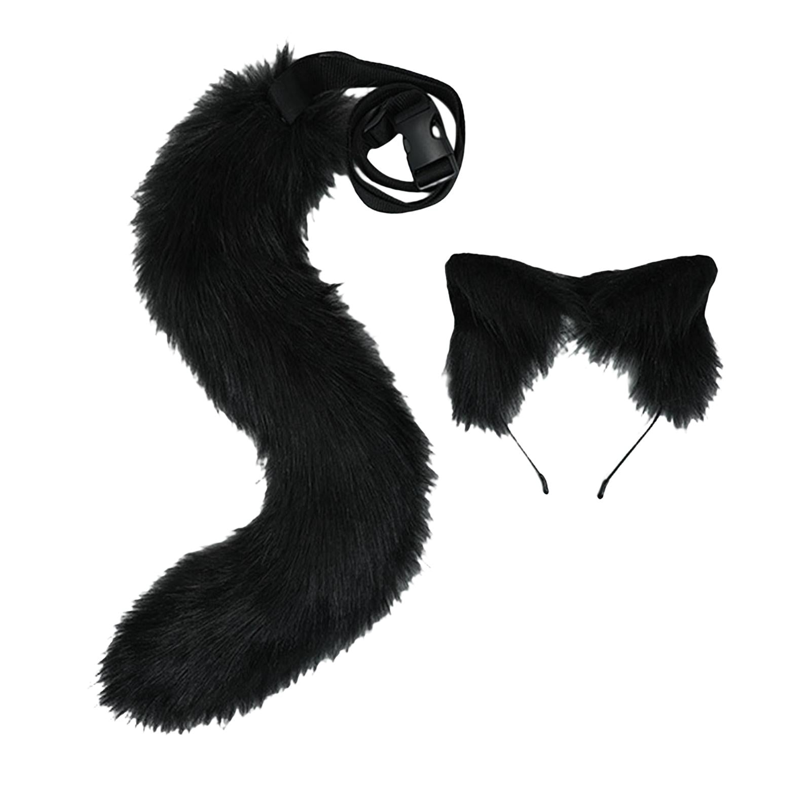 2Pcs Plush Fox Ears and Tail Set Faux Fur Long Tails Cosplay Party Prop Black