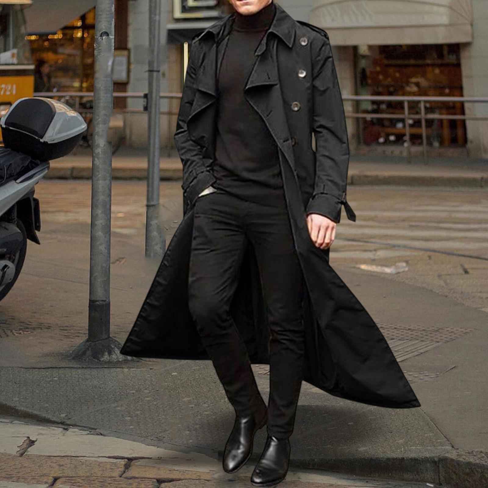 Windproof Men'trench Coat Warm Peacoat Soft for Vacation daily Wear Black 2XL