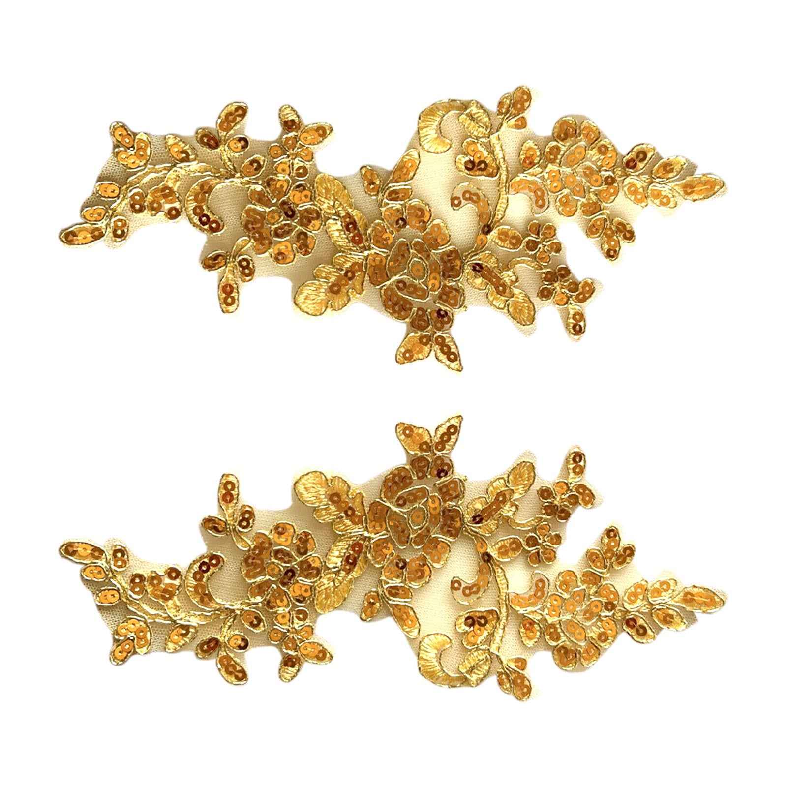 2Pcs Lace Applique Decoration Lace Trims for Sewing Decorating Evening Dress Golden