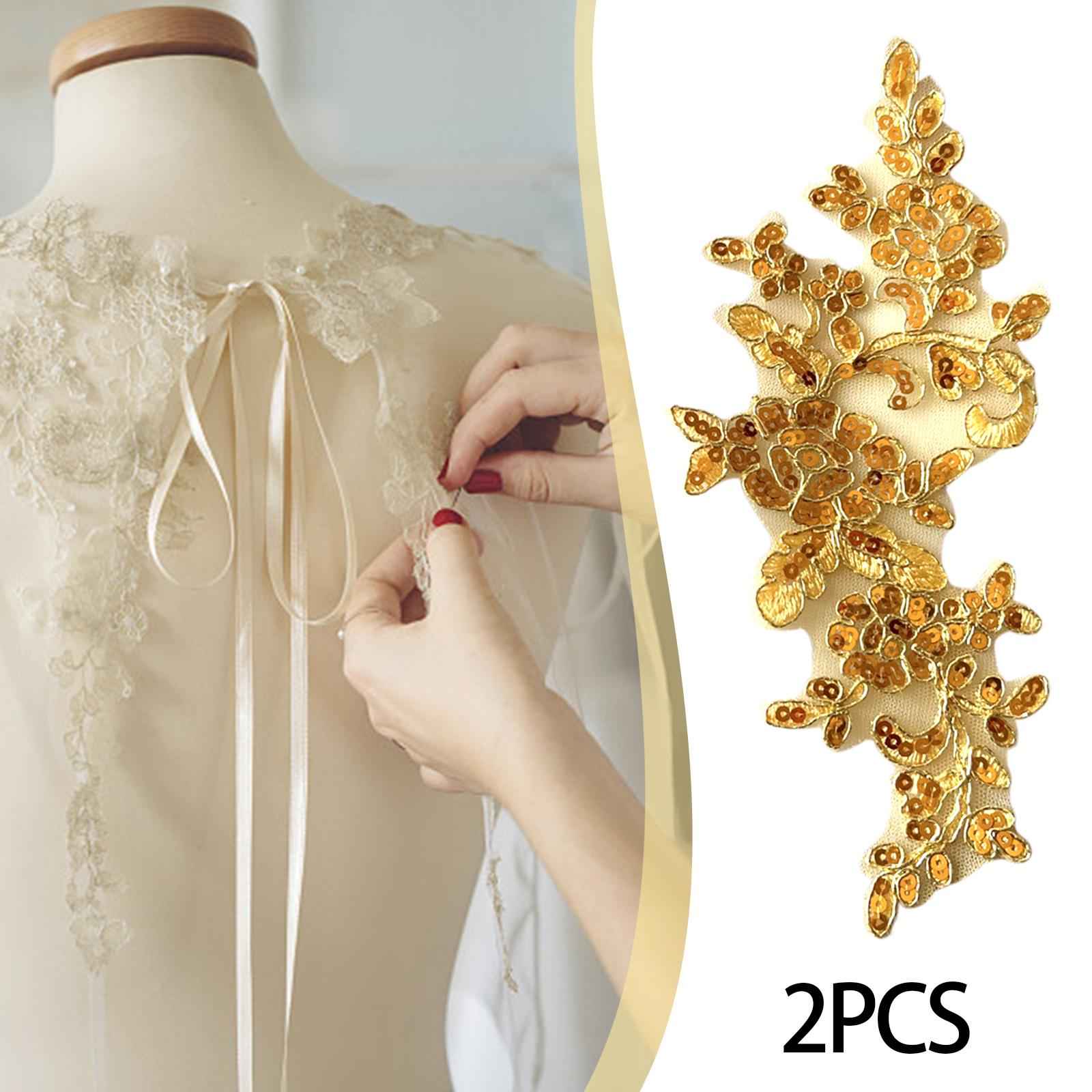 2Pcs Lace Applique Decoration Lace Trims for Sewing Decorating Evening Dress Golden