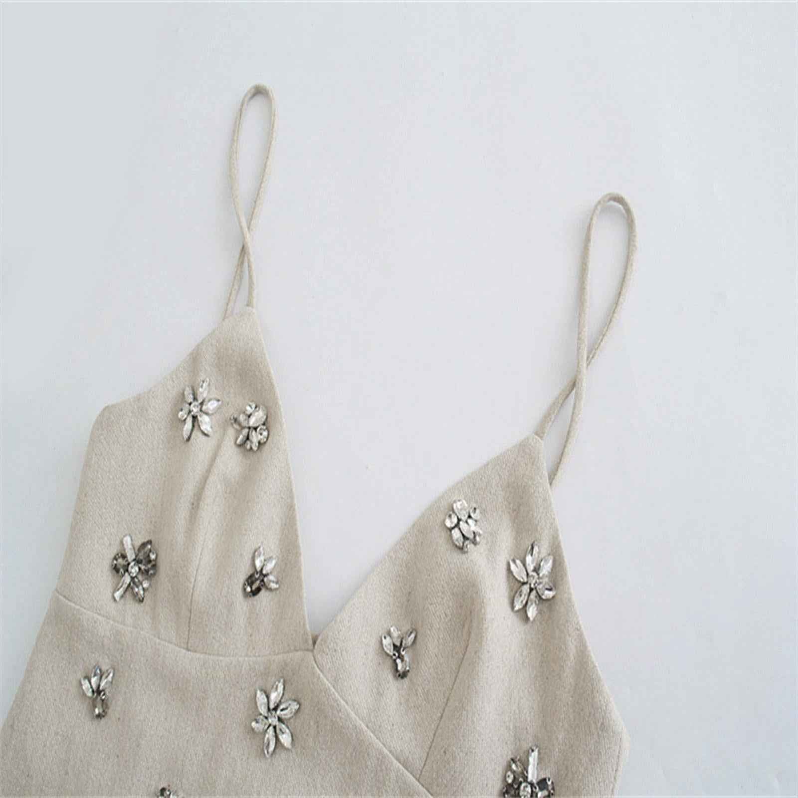 Fitted Dress Sundress V Neck Womens Dress for Beach Honeymoon Travel XS Beige