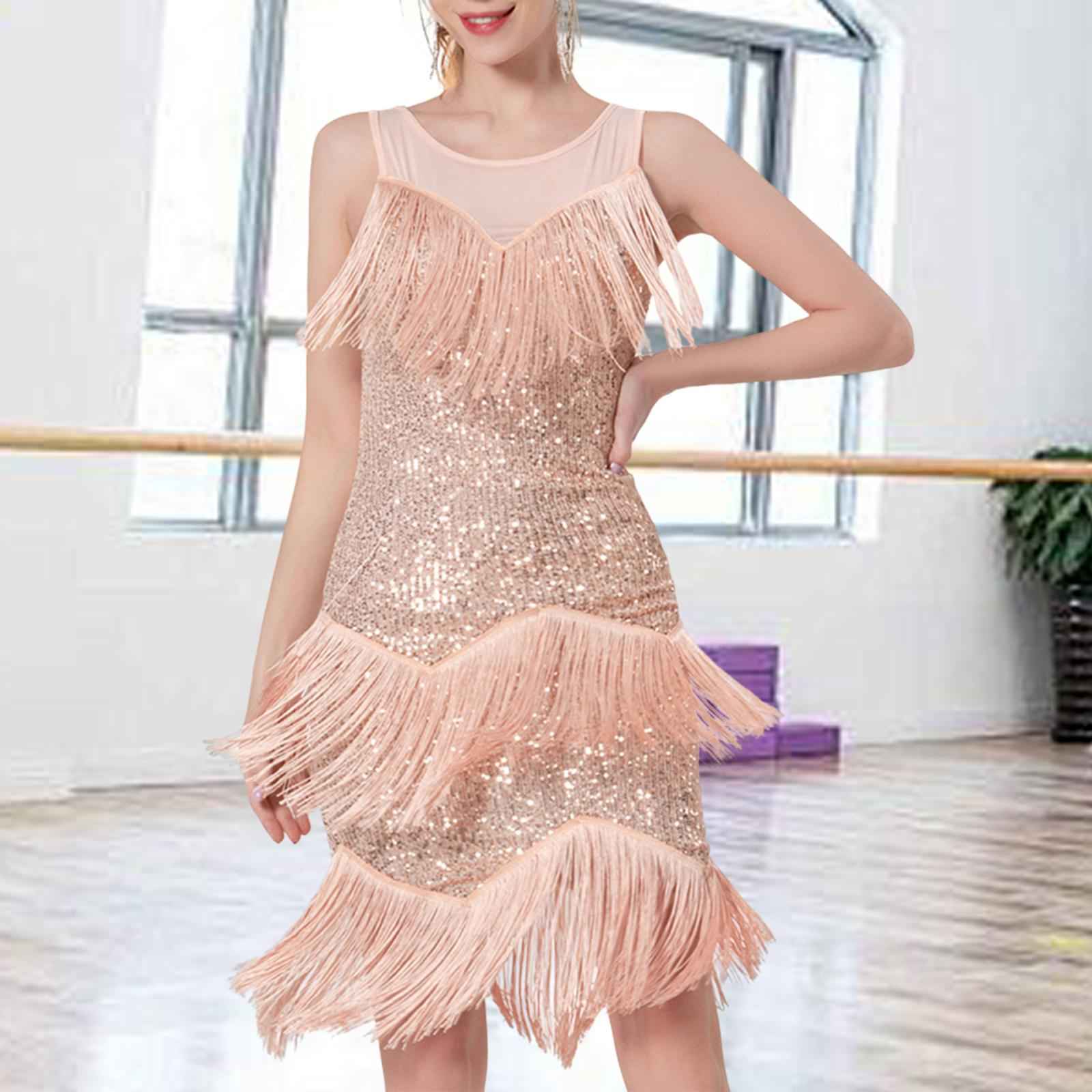Womens Latin Dance Dress Shiny Sequins Dress for Club Prom Stage Performance Golden L