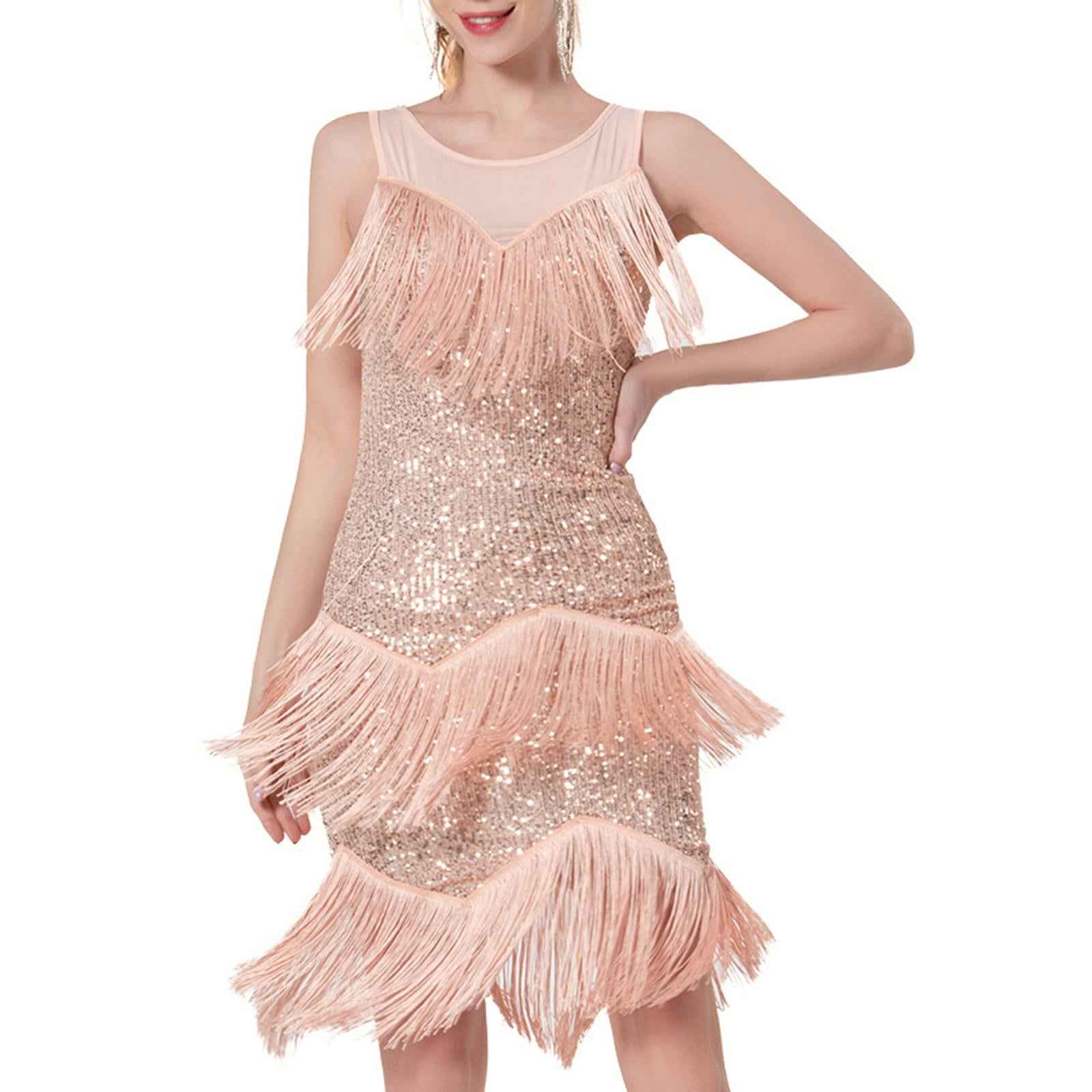 Womens Latin Dance Dress Shiny Sequins Dress for Club Prom Stage Performance Golden L