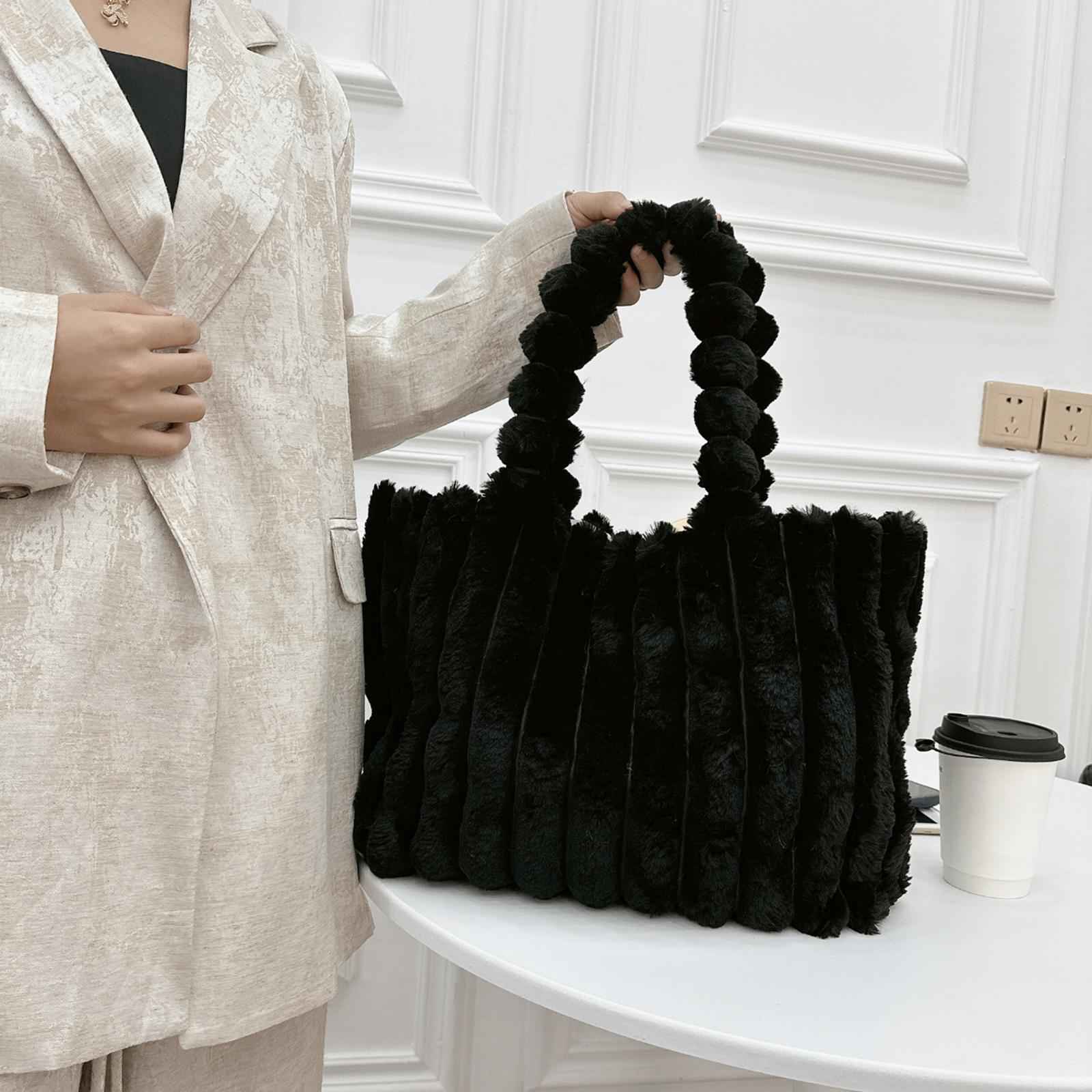 Women Tote Bag Plush Casual Pouch Winter Handbag for Dating Street Commuting Black