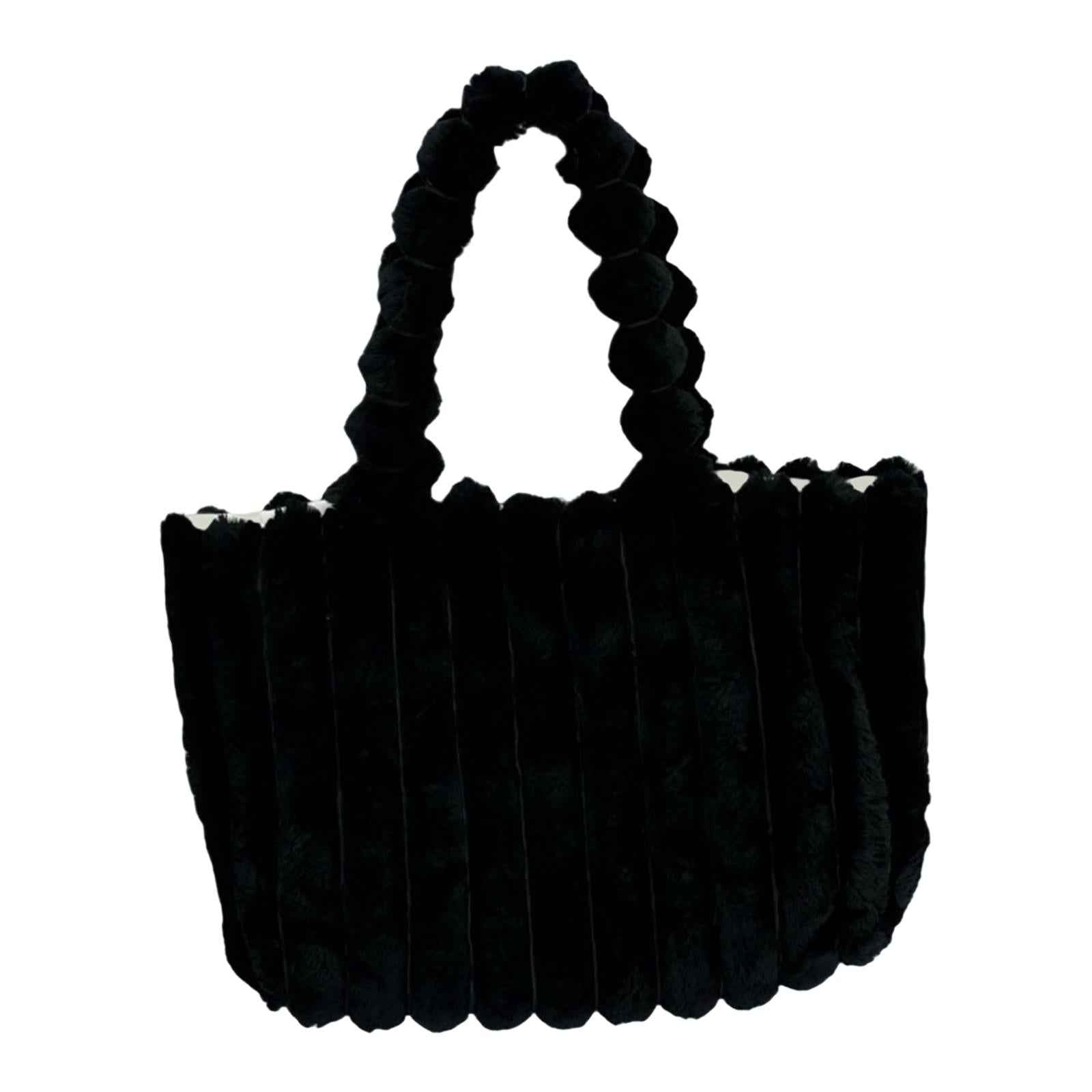Women Tote Bag Plush Casual Pouch Winter Handbag for Dating Street Commuting Black