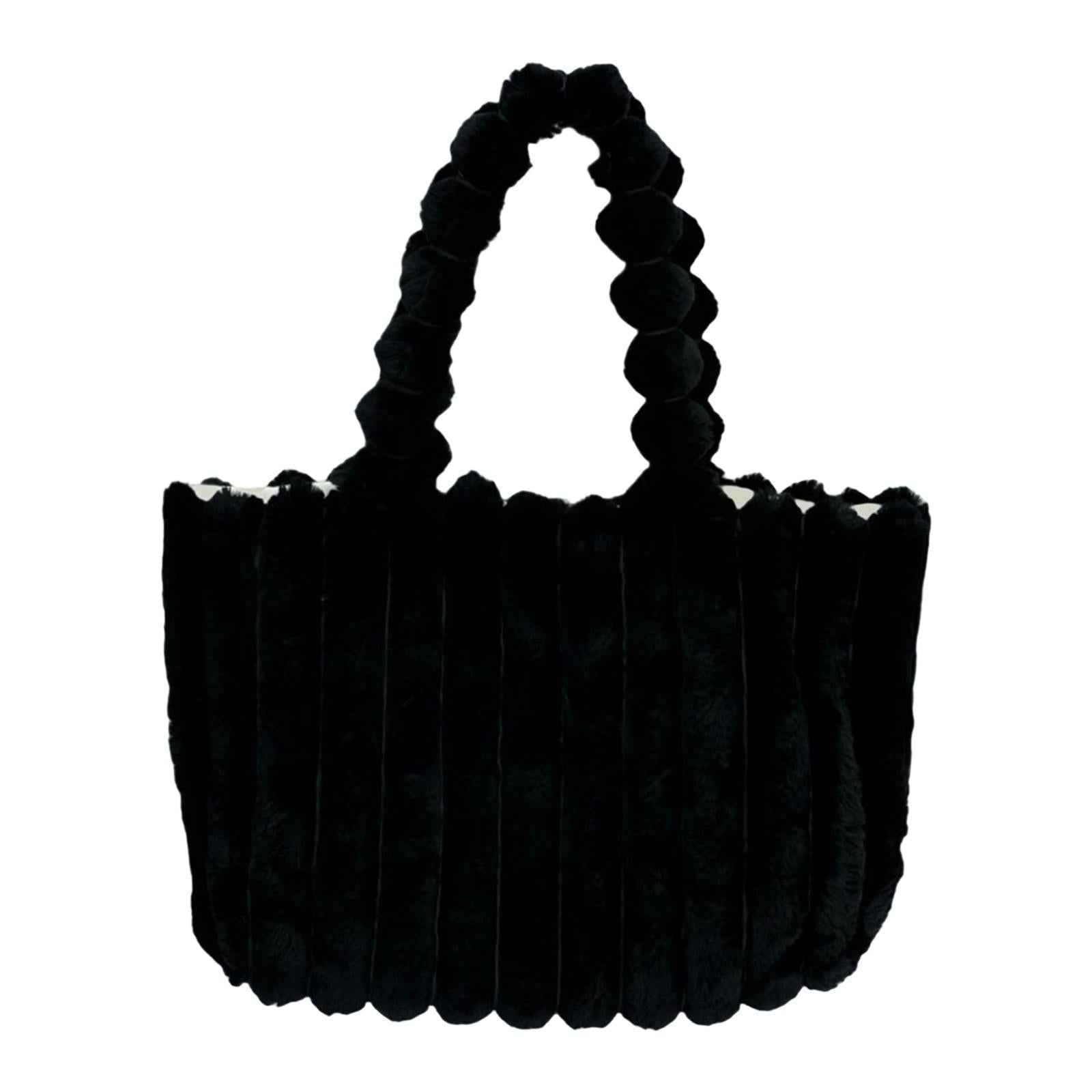 Women Tote Bag Plush Casual Pouch Winter Handbag for Dating Street Commuting Black