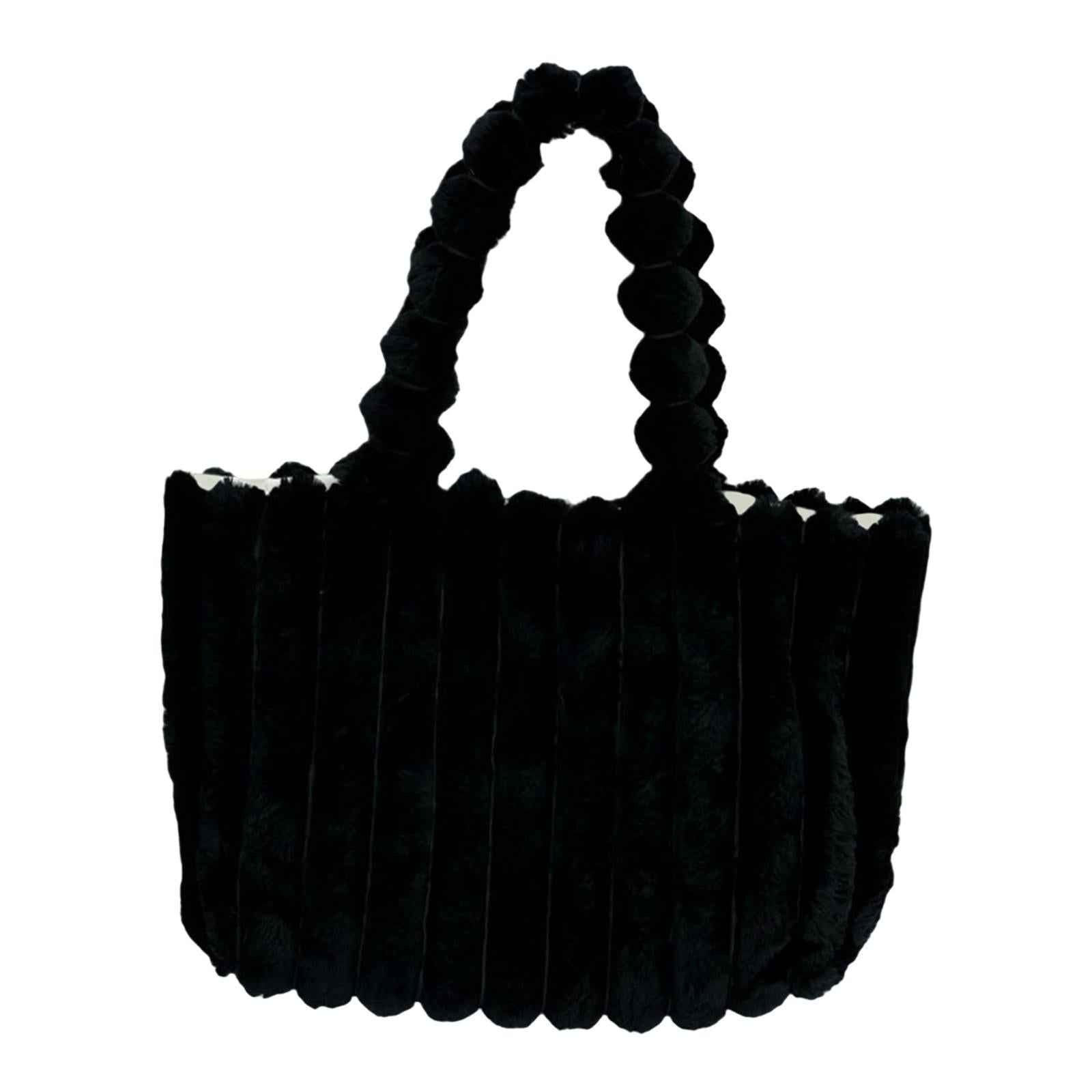Women Tote Bag Plush Casual Pouch Winter Handbag for Dating Street Commuting Black