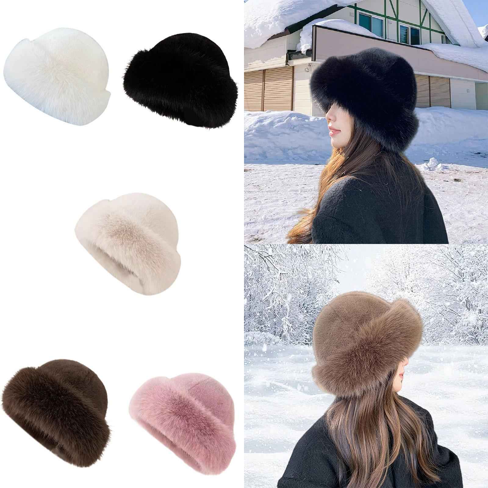 Winter Faux Fur Hat for Women Warm Cossack Russian Hat for Ski Walking White