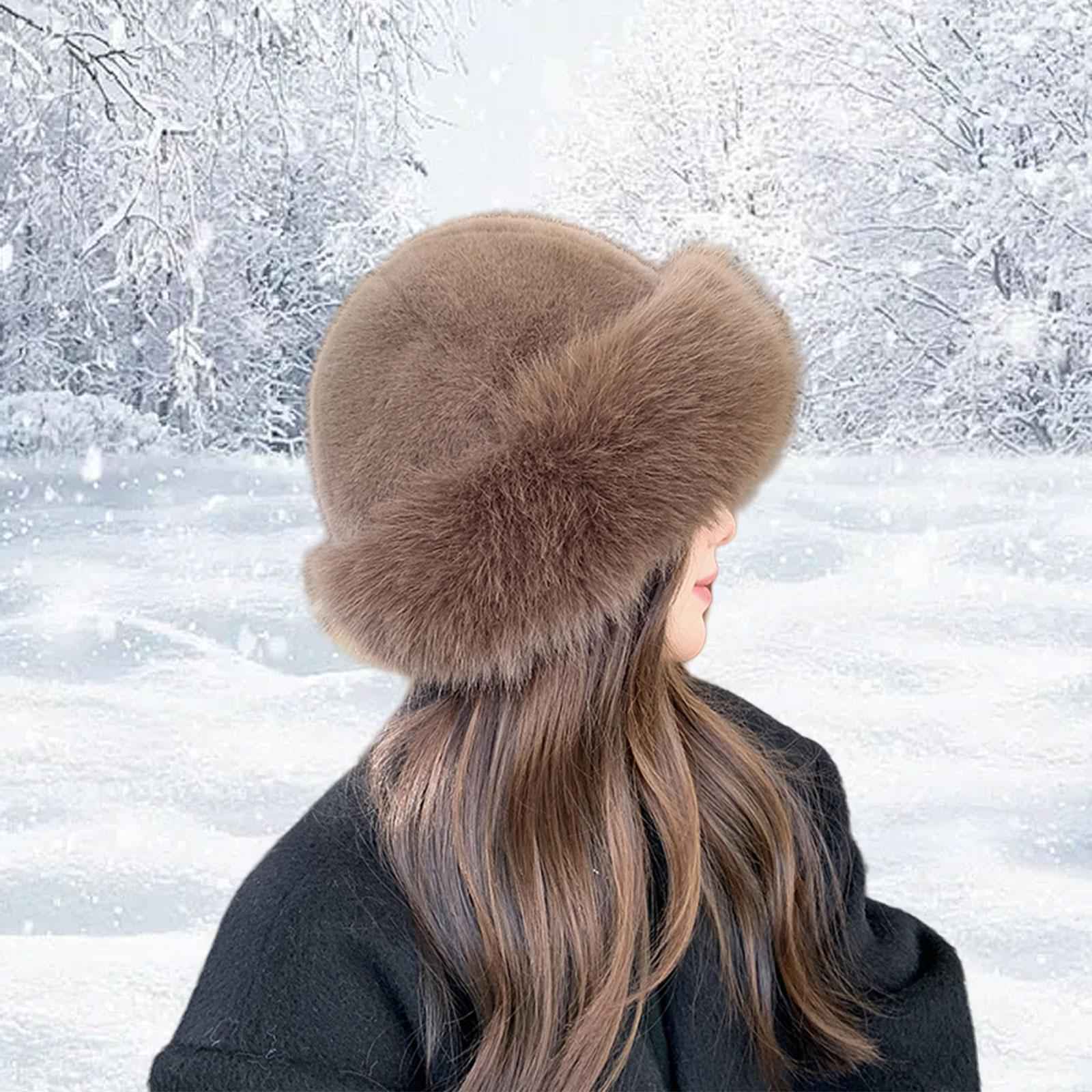 Winter Faux Fur Hat for Women Warm Cossack Russian Hat for Ski Walking Brown