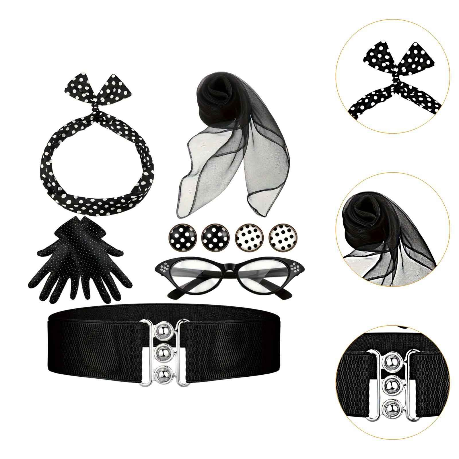 1950S Costume Accessories for Women Scarf for Holiday Party Supplies Cosplay Black 7pcs set