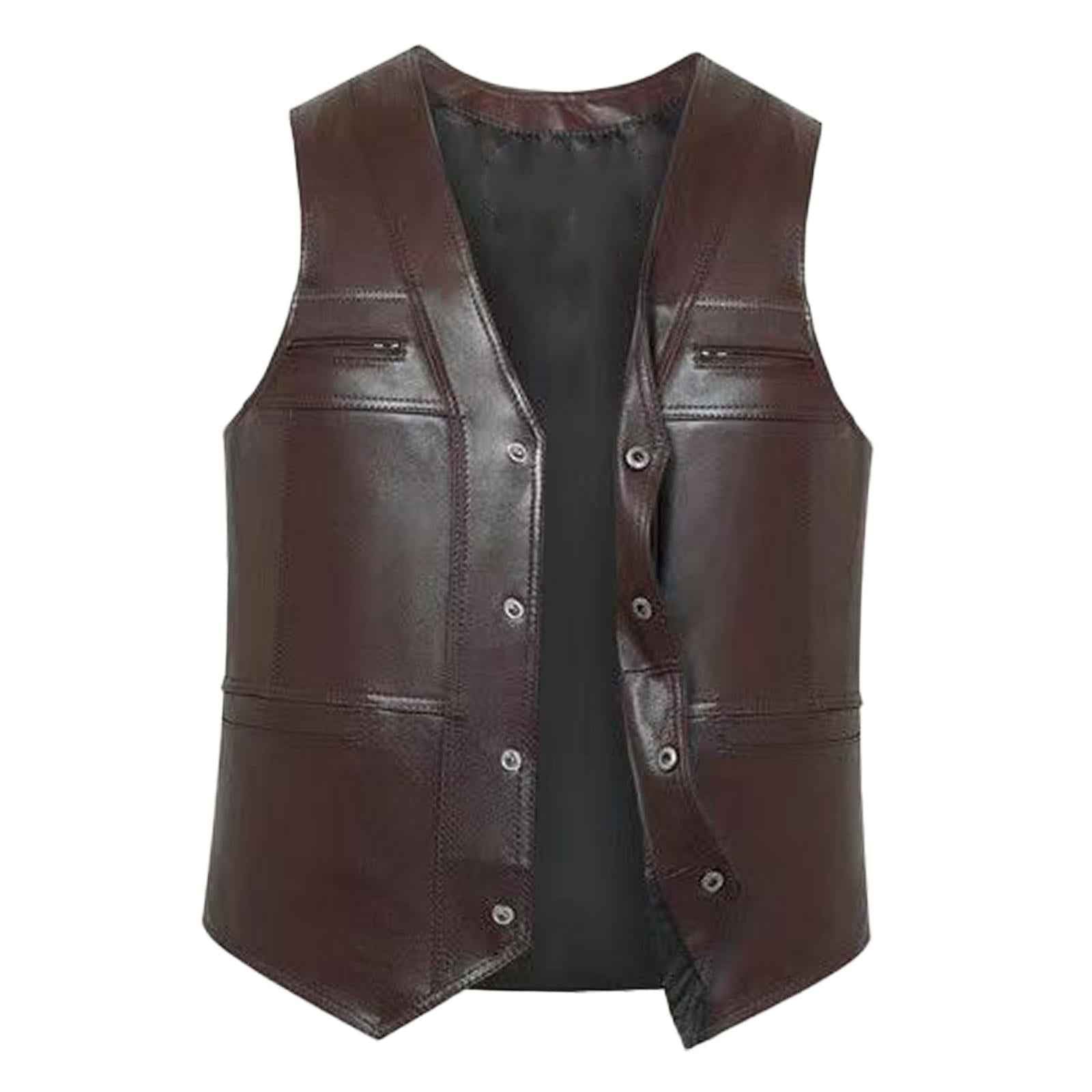 Waistcoat Utility Jacket Punk Mens PU Leather Vest for Sports Fishing Winter XL Brown