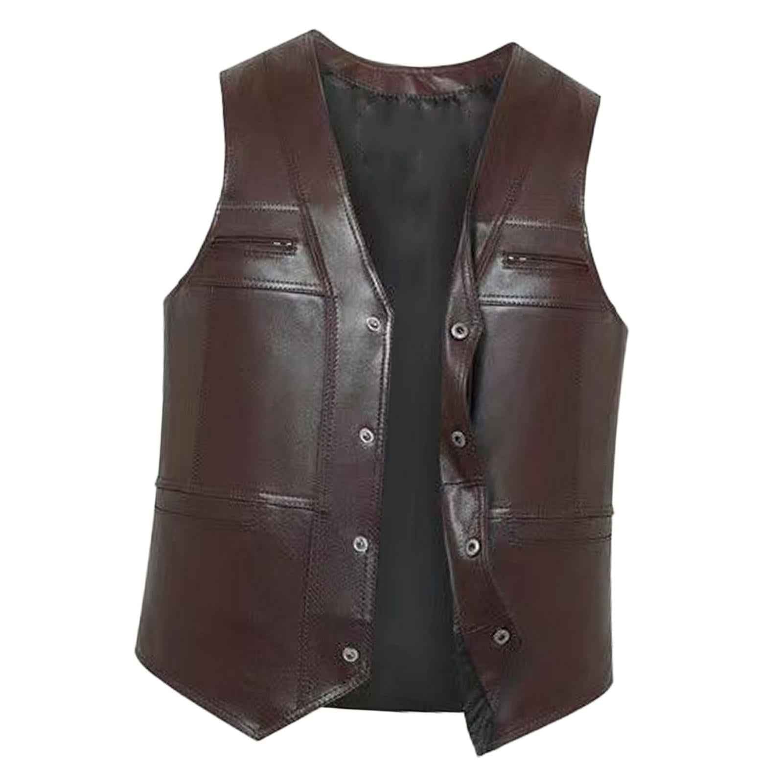 Waistcoat Utility Jacket Punk Mens PU Leather Vest for Sports Fishing Winter XL Brown