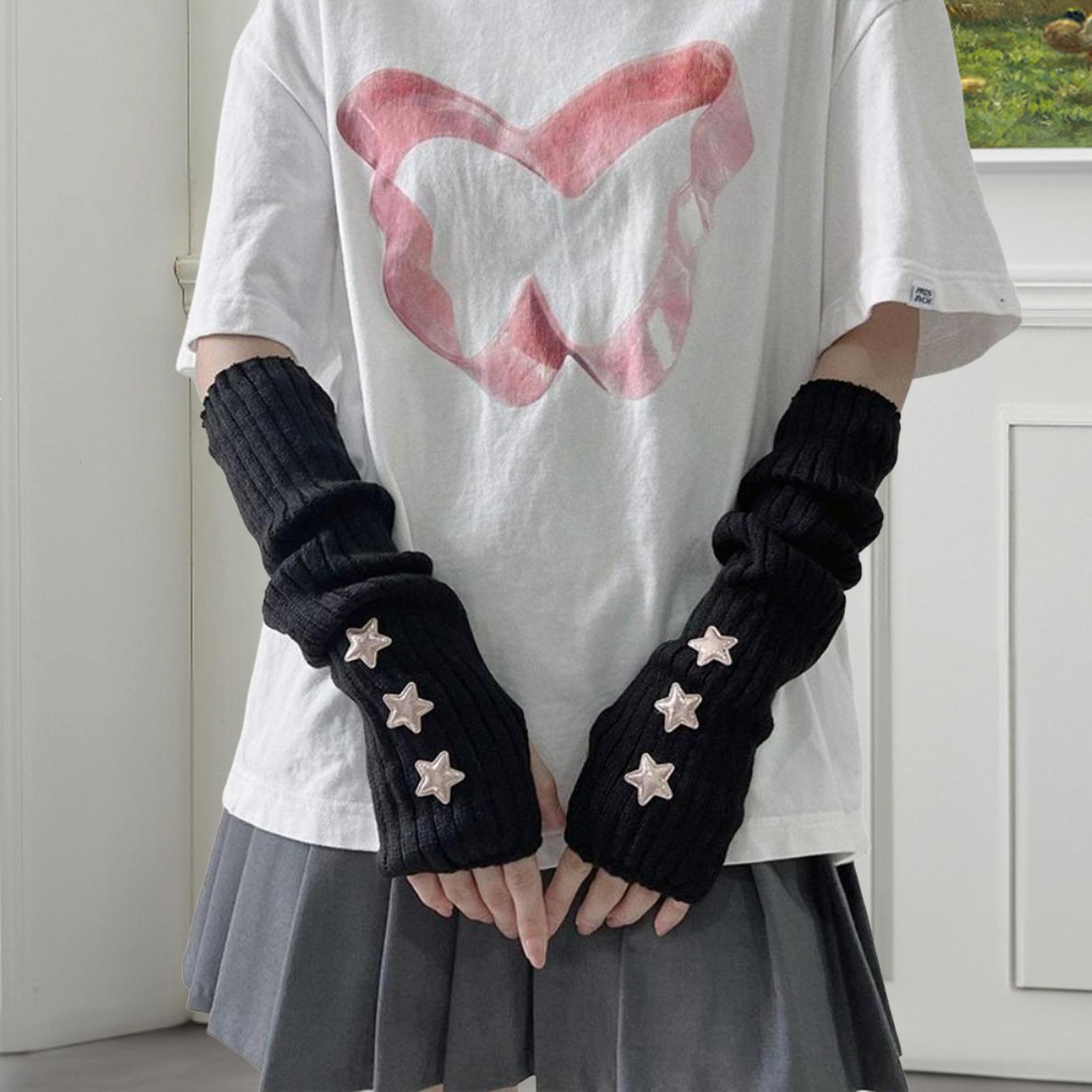 Arm Warmers Thumb Hole Gloves Winter Knitted Mittens Fashion for Women Girls black with star
