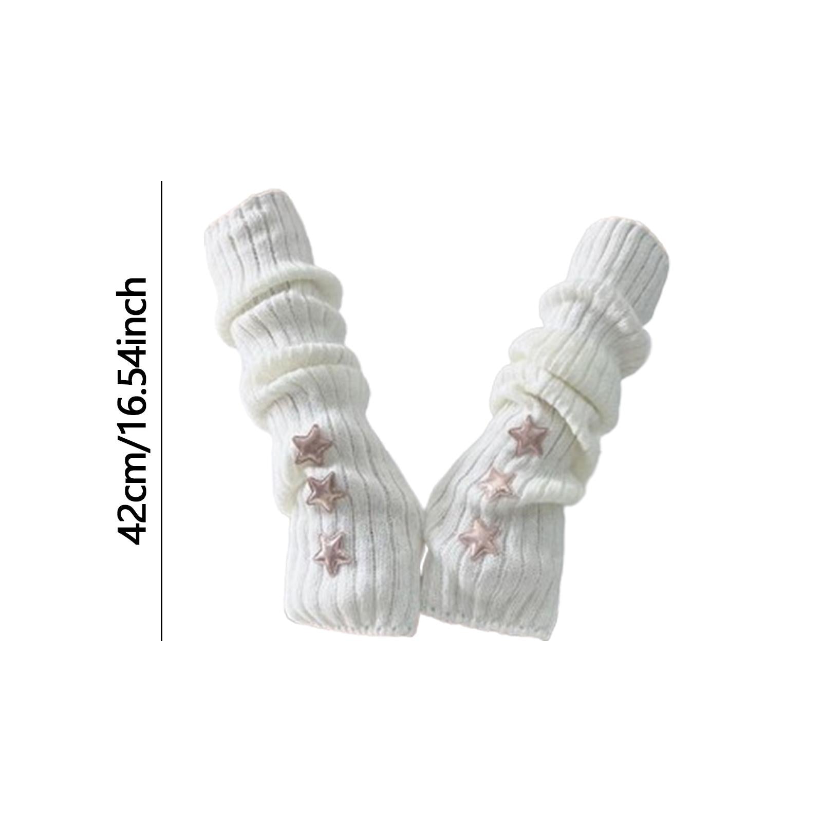 Arm Warmers Thumb Hole Gloves Winter Knitted Mittens Fashion for Women Girls white with star
