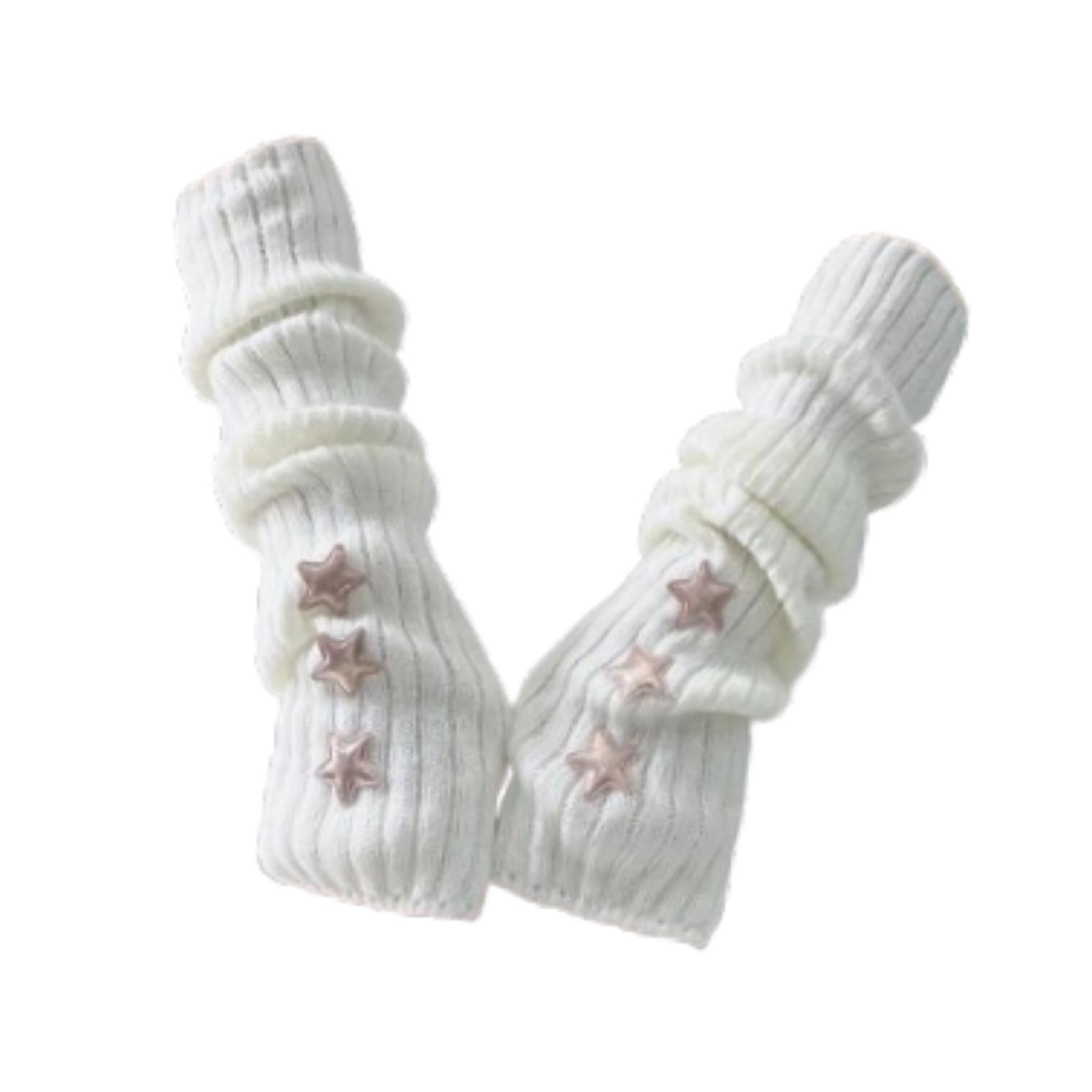Arm Warmers Thumb Hole Gloves Winter Knitted Mittens Fashion for Women Girls white with star
