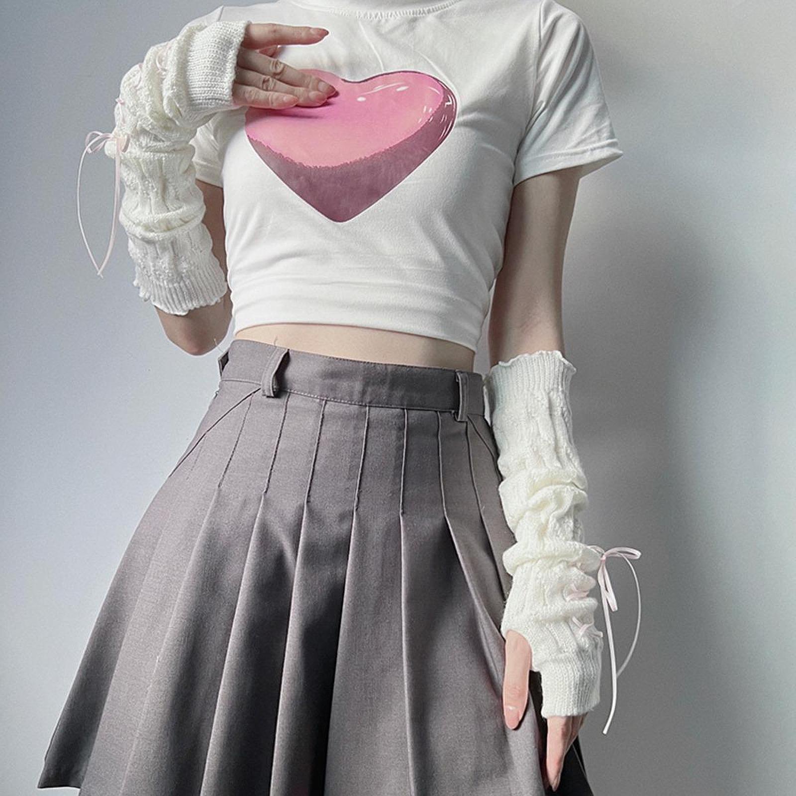 Arm Warmers Thumb Hole Gloves Winter Knitted Mittens Fashion for Women Girls white pink ribbon