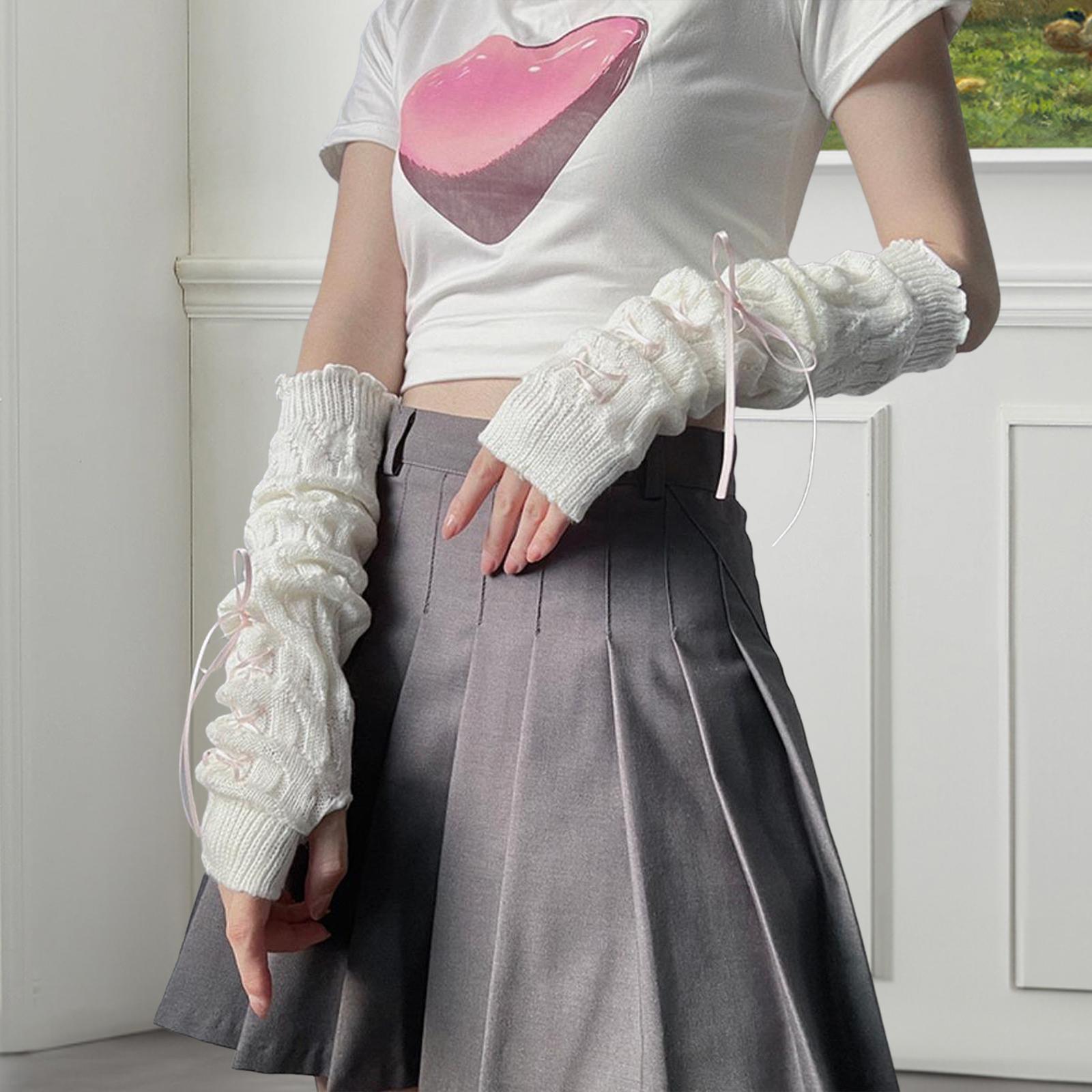 Arm Warmers Thumb Hole Gloves Winter Knitted Mittens Fashion for Women Girls white pink ribbon