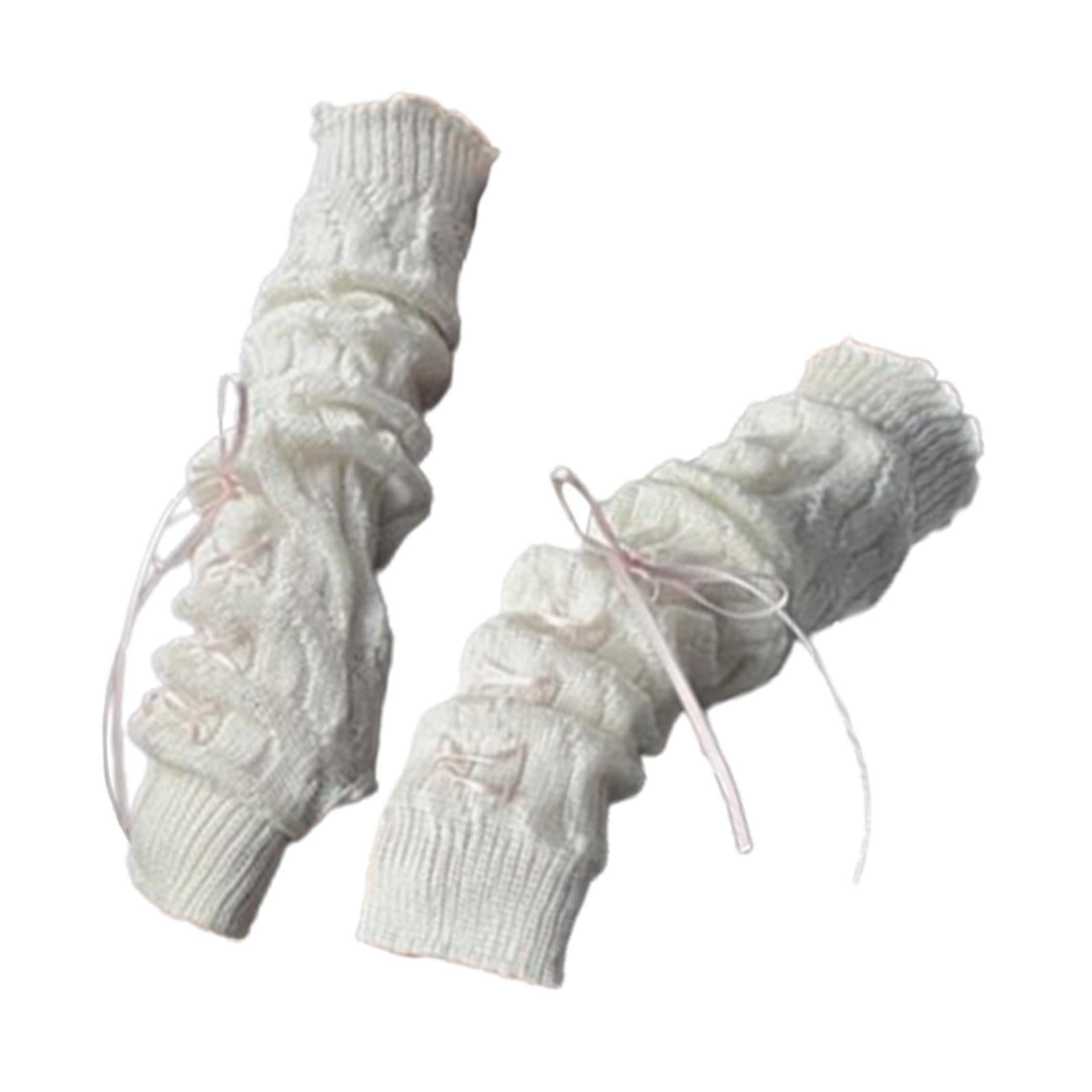 Arm Warmers Thumb Hole Gloves Winter Knitted Mittens Fashion for Women Girls white pink ribbon