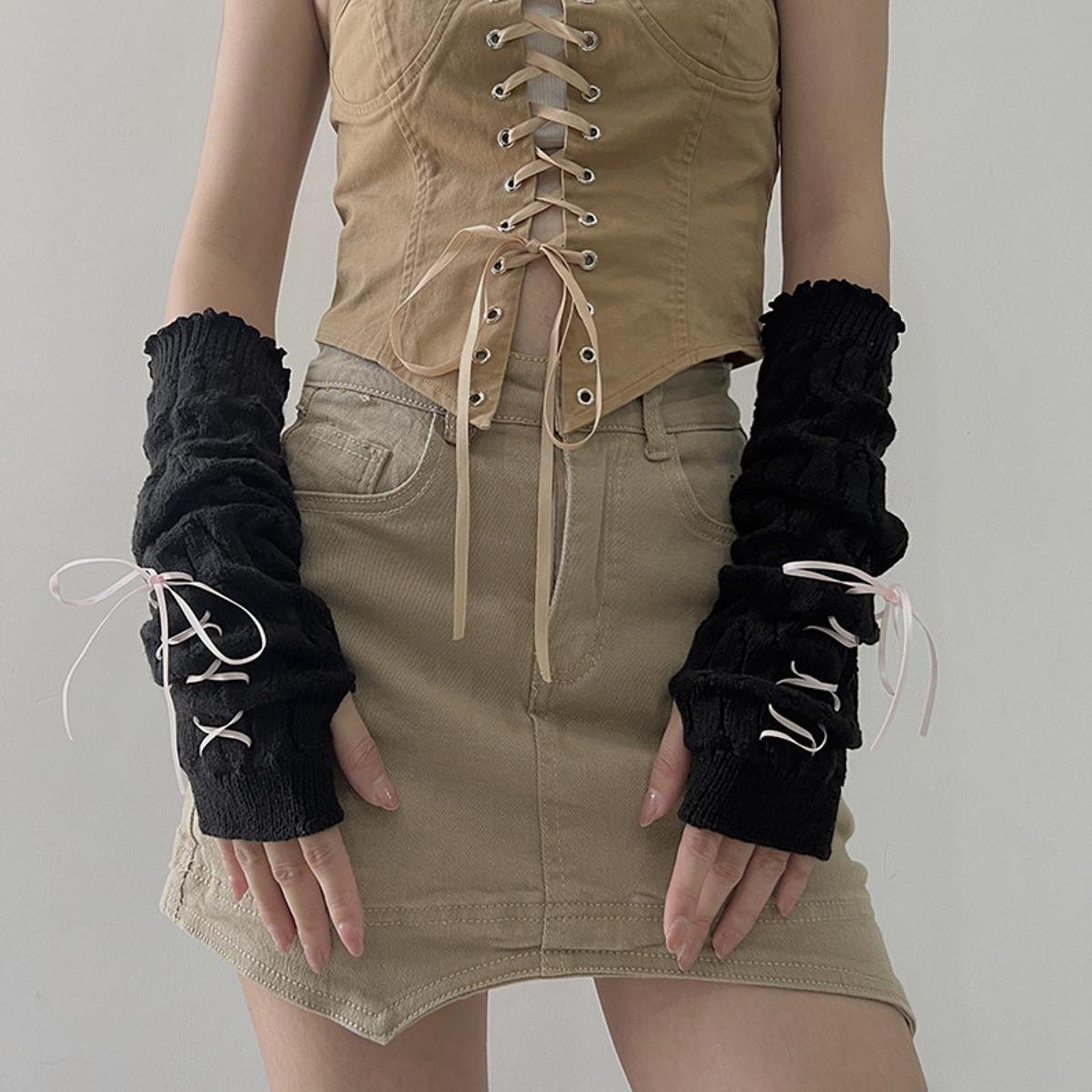 Arm Warmers Thumb Hole Gloves Winter Knitted Mittens Fashion for Women Girls black with pink ribbon