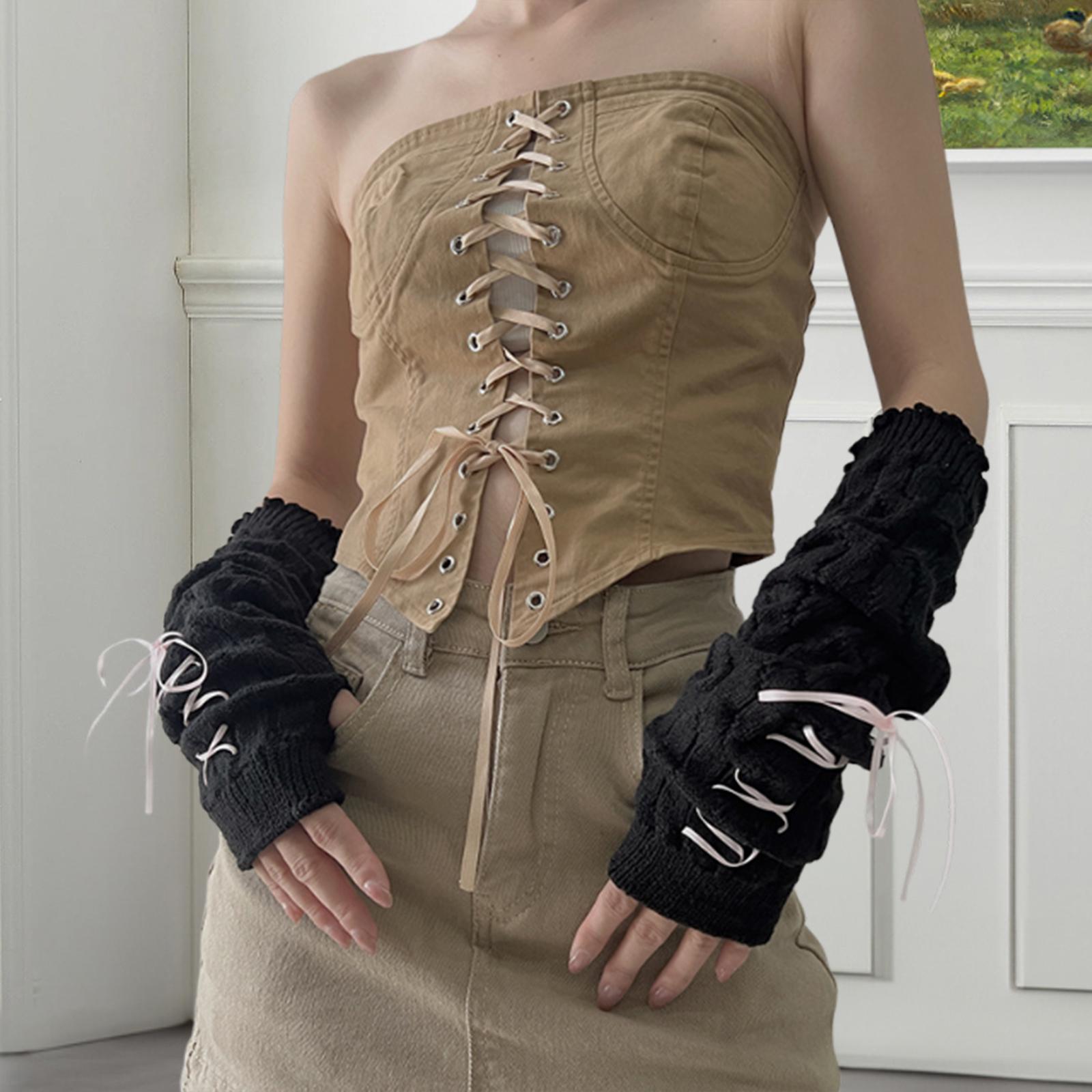 Arm Warmers Thumb Hole Gloves Winter Knitted Mittens Fashion for Women Girls black with pink ribbon