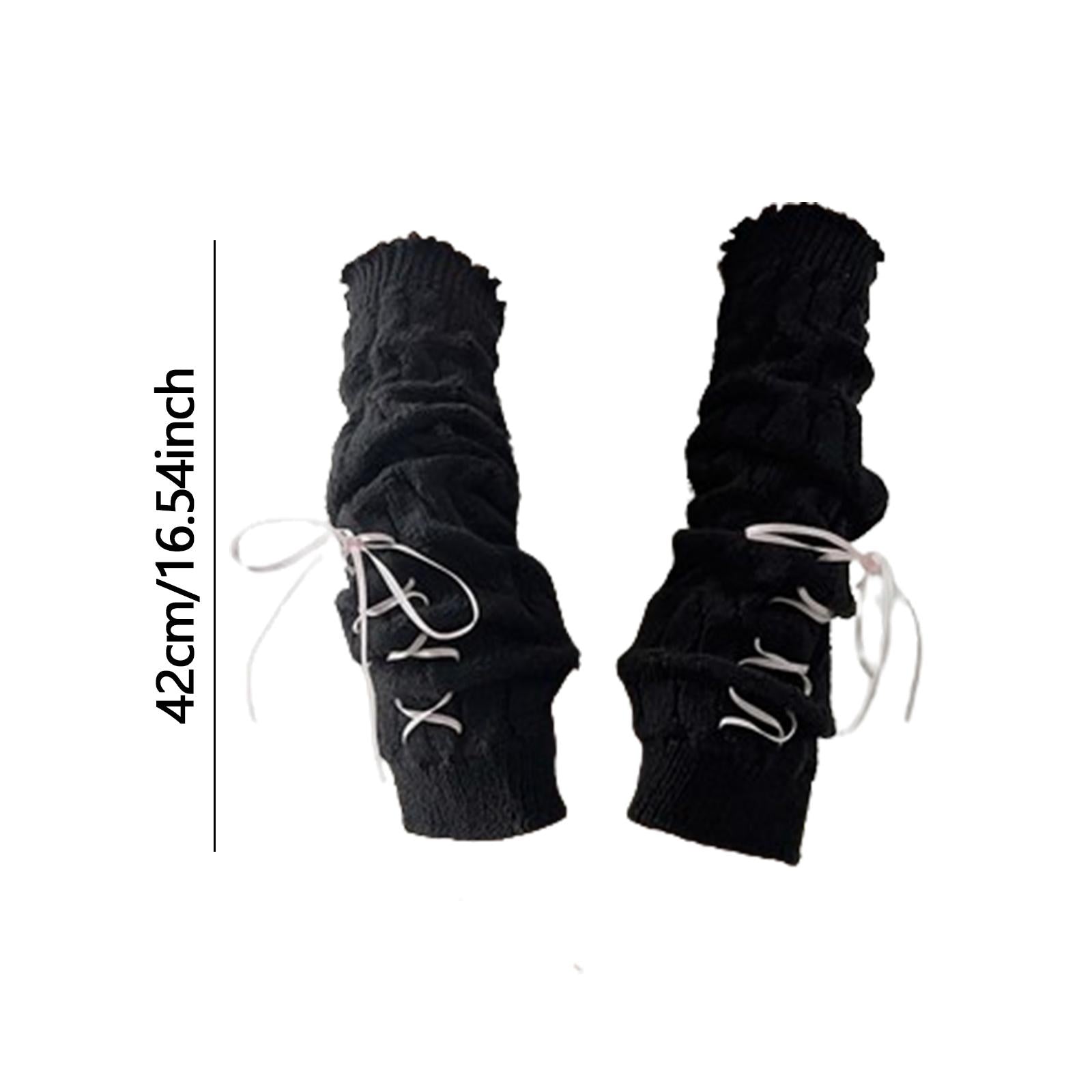 Arm Warmers Thumb Hole Gloves Winter Knitted Mittens Fashion for Women Girls black with pink ribbon