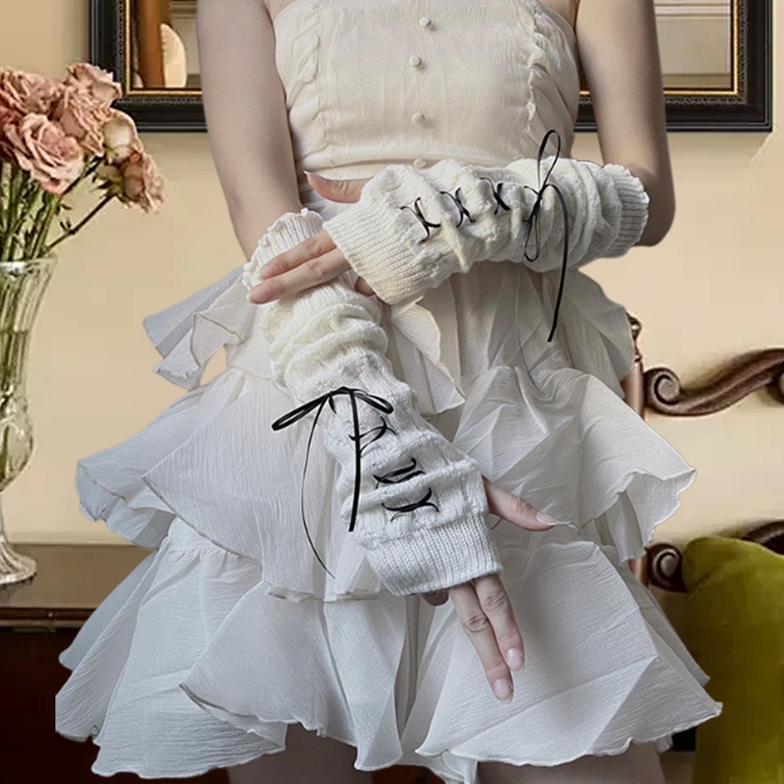 Arm Warmers Thumb Hole Gloves Winter Knitted Mittens Fashion for Women Girls white black ribbon