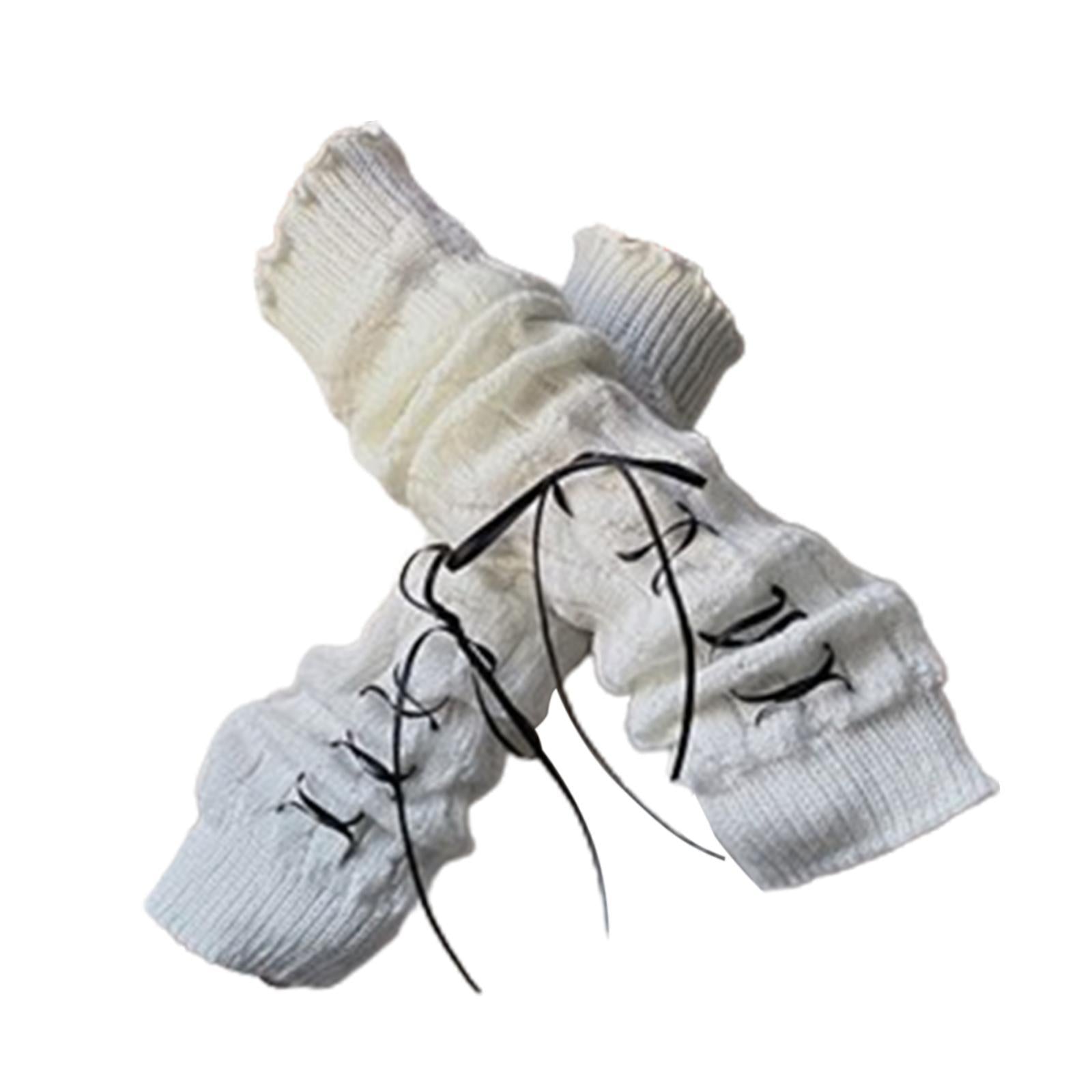 Arm Warmers Thumb Hole Gloves Winter Knitted Mittens Fashion for Women Girls white black ribbon