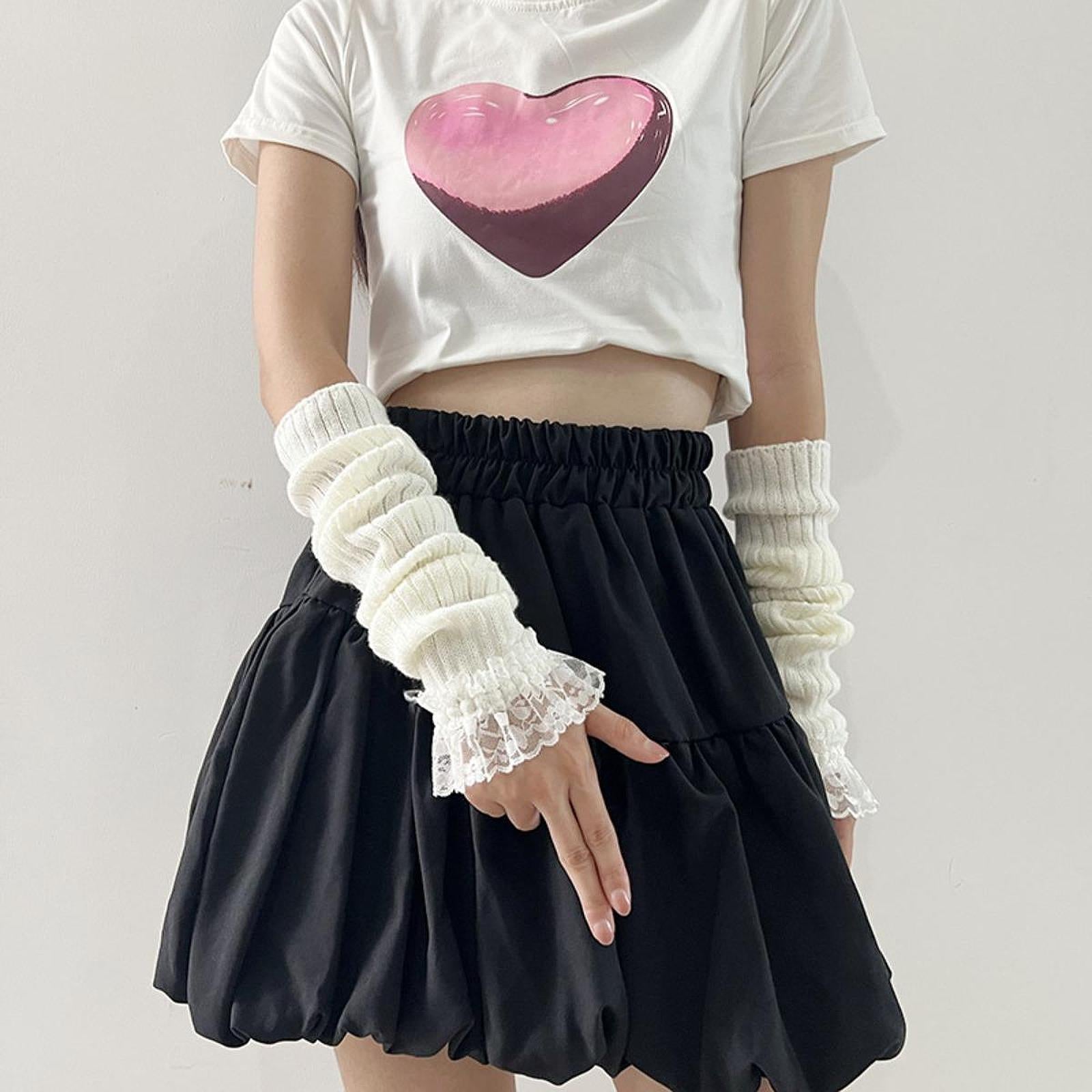 Arm Warmers Thumb Hole Gloves Winter Knitted Mittens Fashion for Women Girls white lace