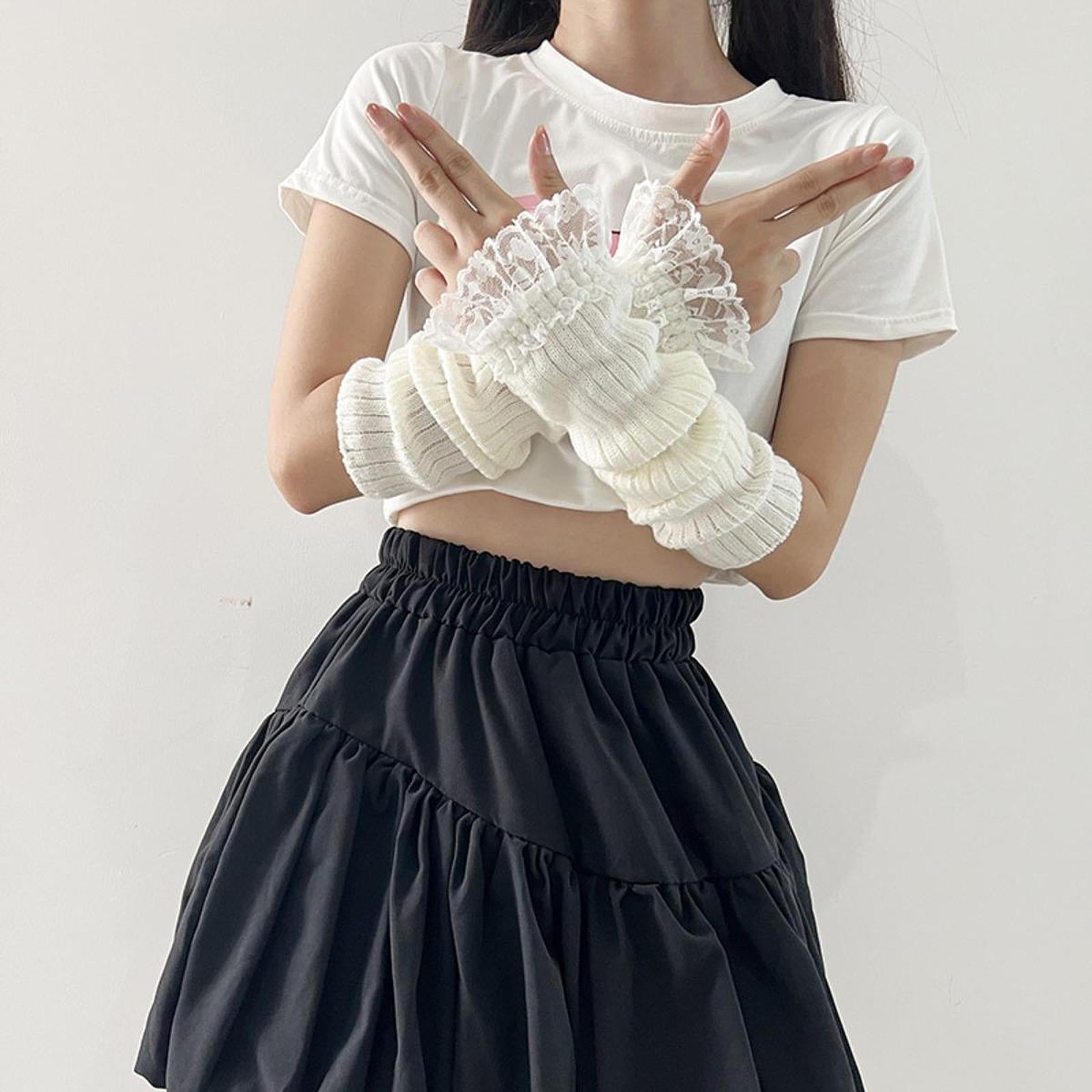 Arm Warmers Thumb Hole Gloves Winter Knitted Mittens Fashion for Women Girls white lace
