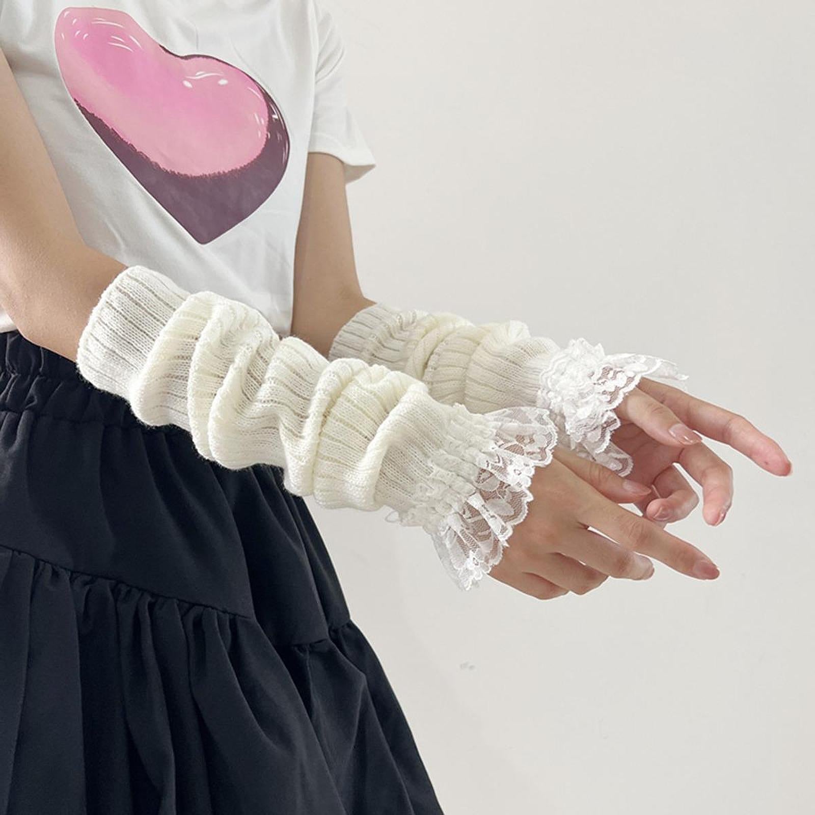 Arm Warmers Thumb Hole Gloves Winter Knitted Mittens Fashion for Women Girls white lace